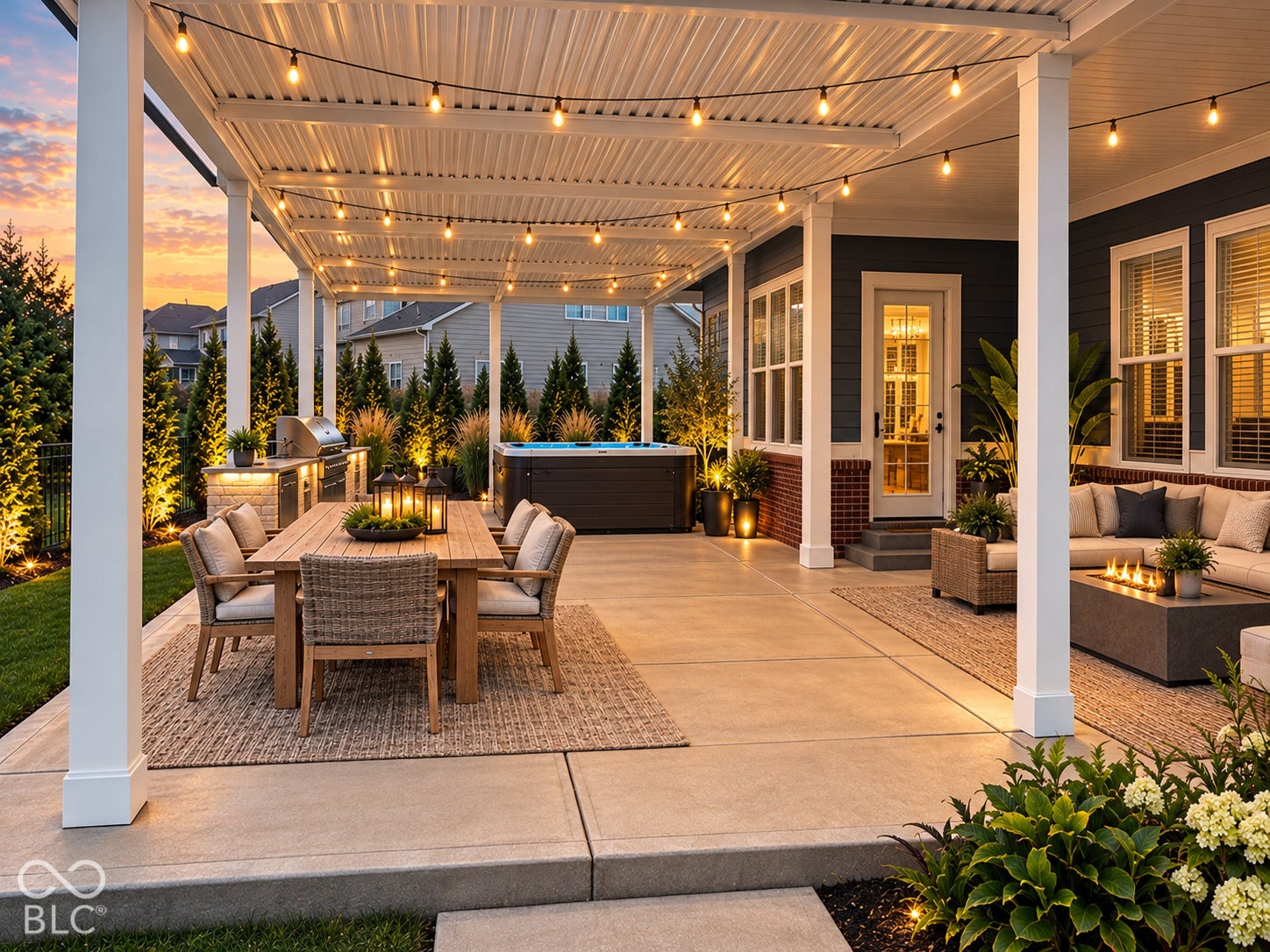 Expansive concrete patio with a covered outdoor living area, built-in outdoor kitchen, and an integrated spa