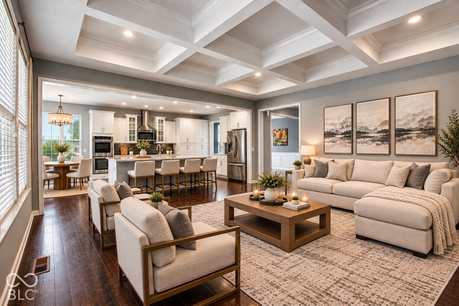 Coffered ceiling detail, wood-finish flooring, recessed lighting, and a kitchen with white cabinetry