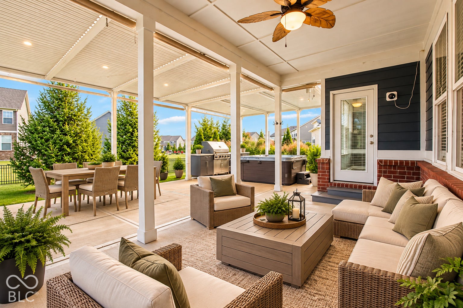 Expansive covered patio featuring a ceiling fan, recessed lighting, and direct access to the interior