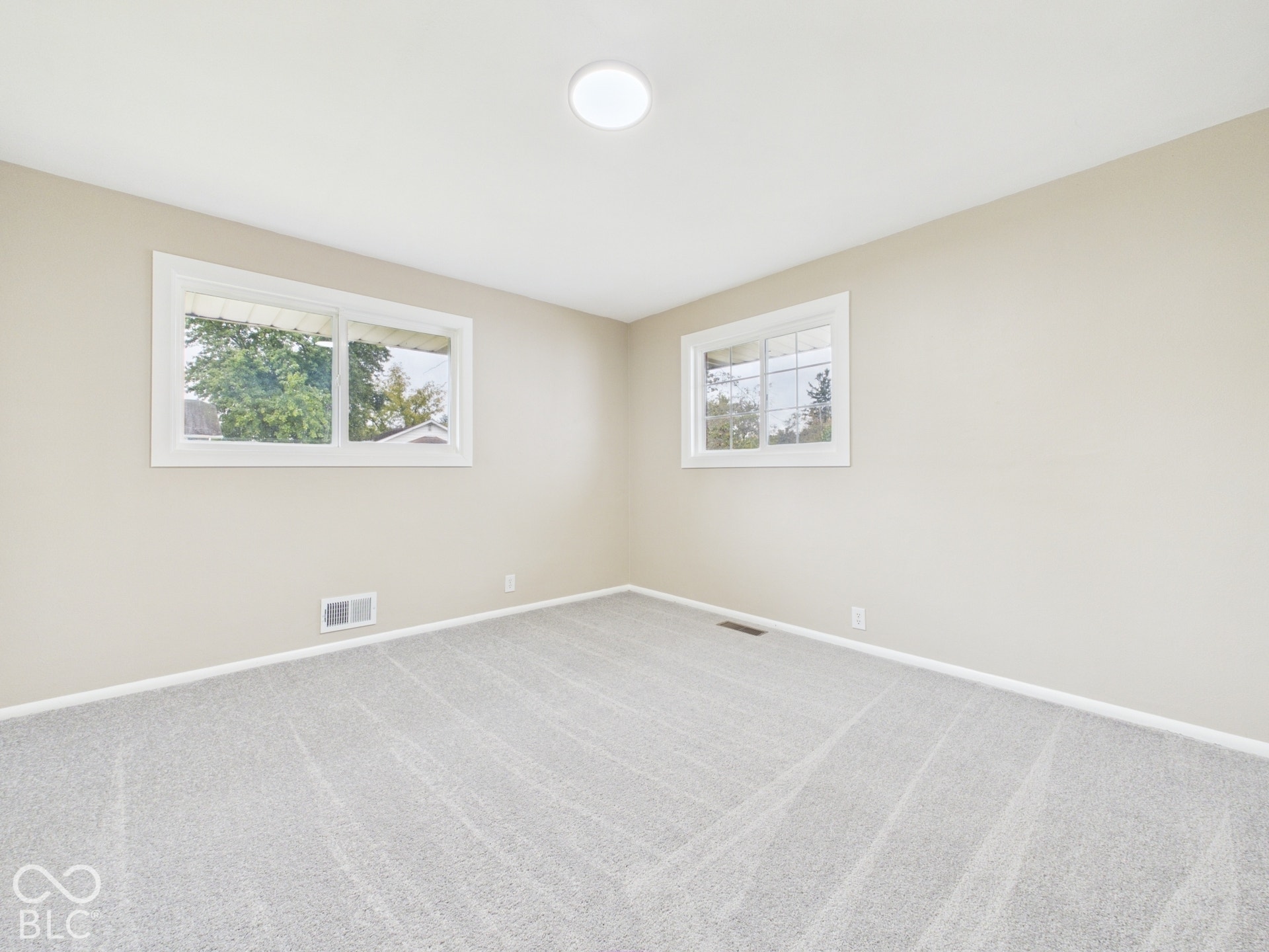 Plush gray carpet, neutral wall paint, white trim windows, and a ceiling-mounted light fixture