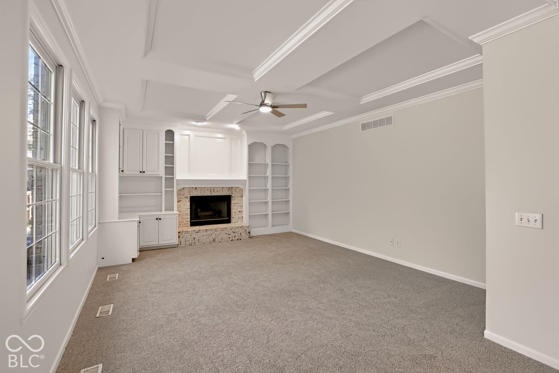 3802 Carwinion Way, Carmel, IN 46032 Family Room with Gas Fireplace and Built In Bookshelves