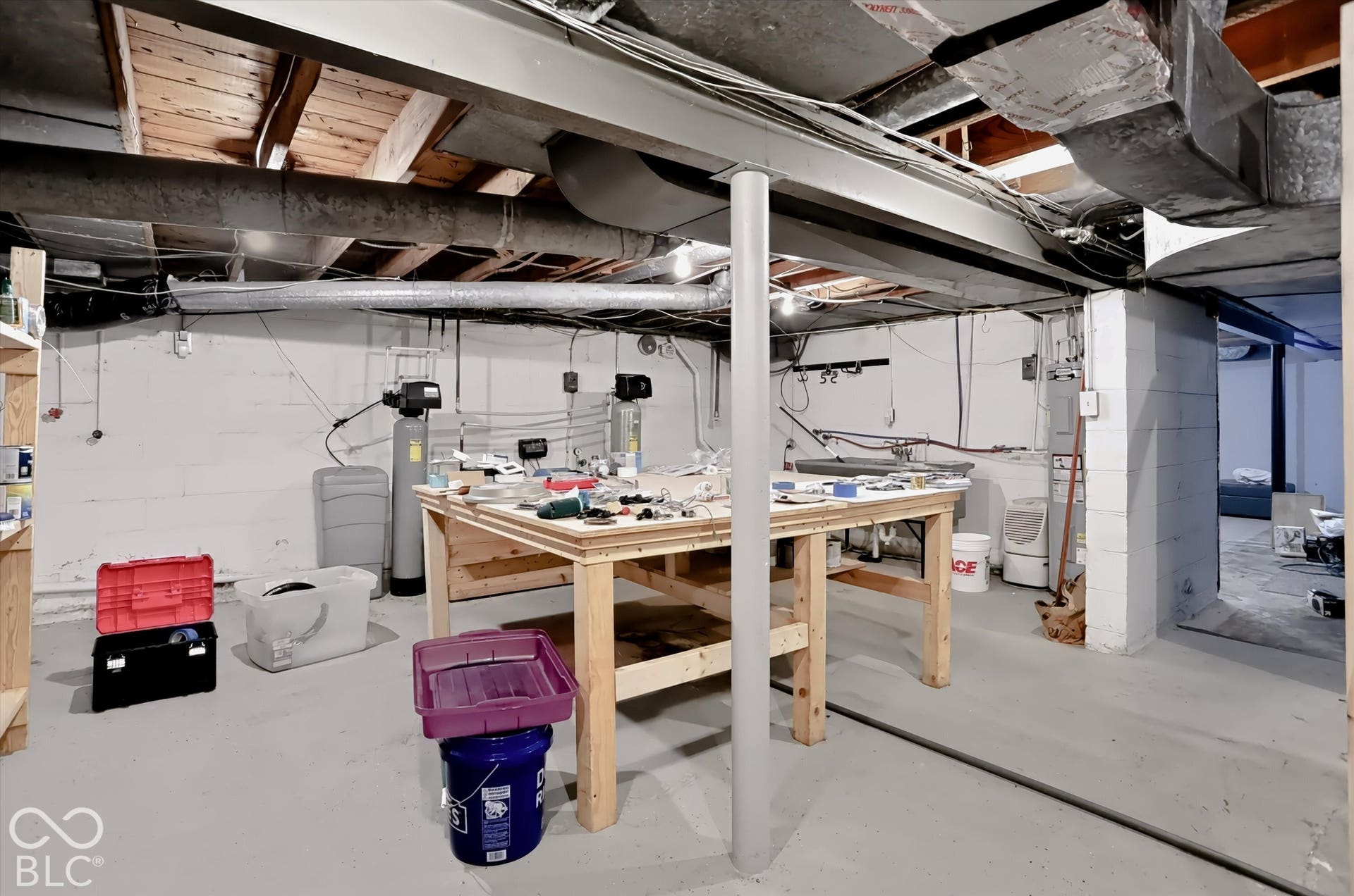 Basement utility area with exposed ceiling joists, concrete block walls, and painted concrete flooring