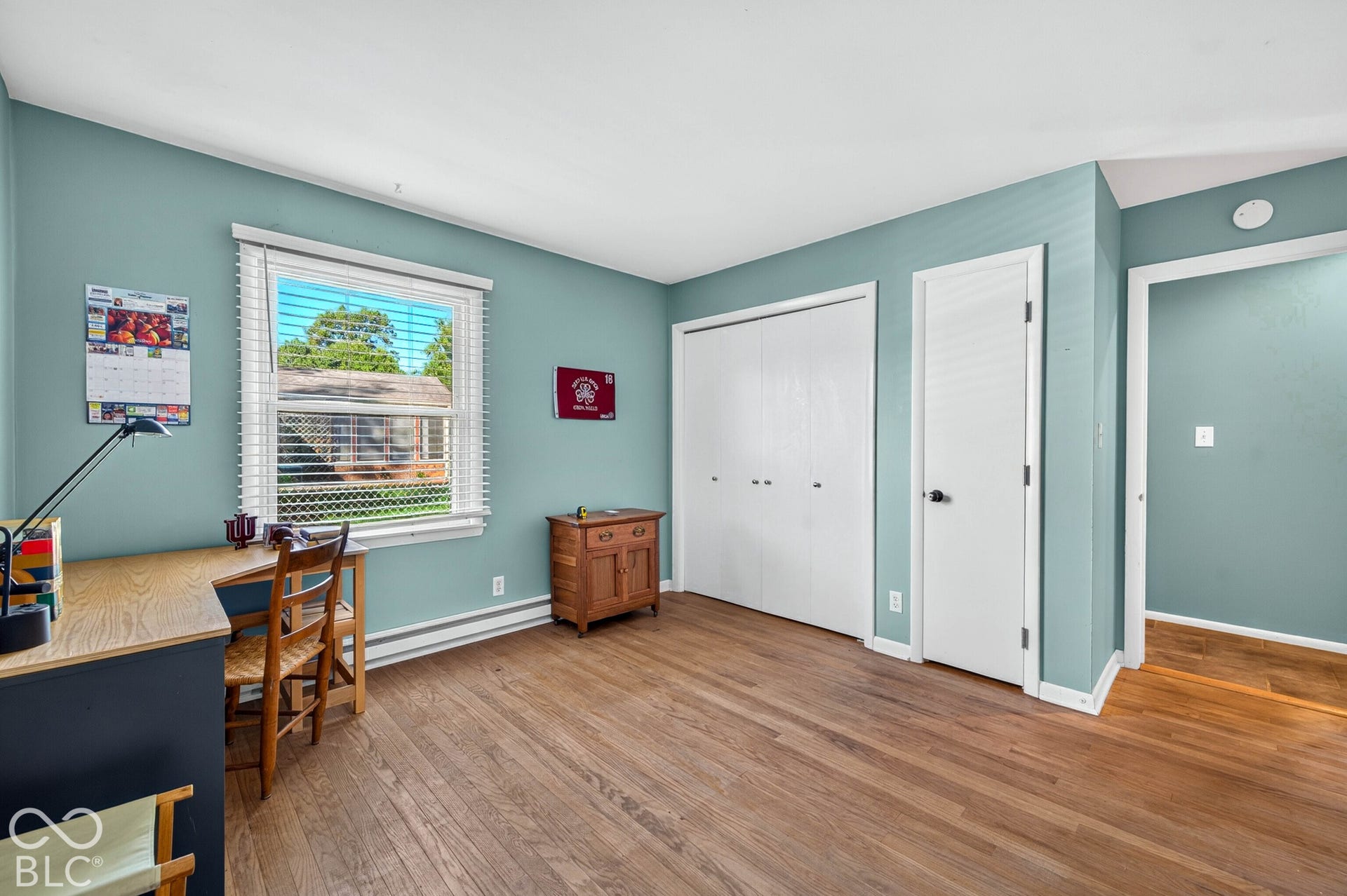 Wood-finish flooring, white window blinds, and white interior doors