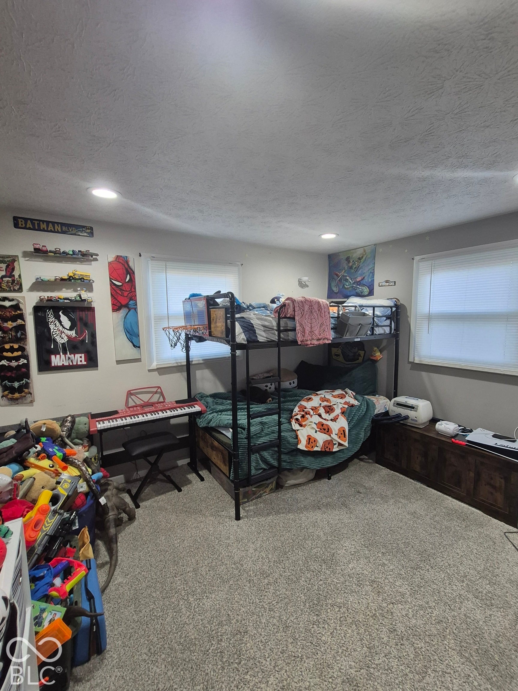 Recessed lighting, light gray wall paint, light-colored carpet, and windows with blinds
