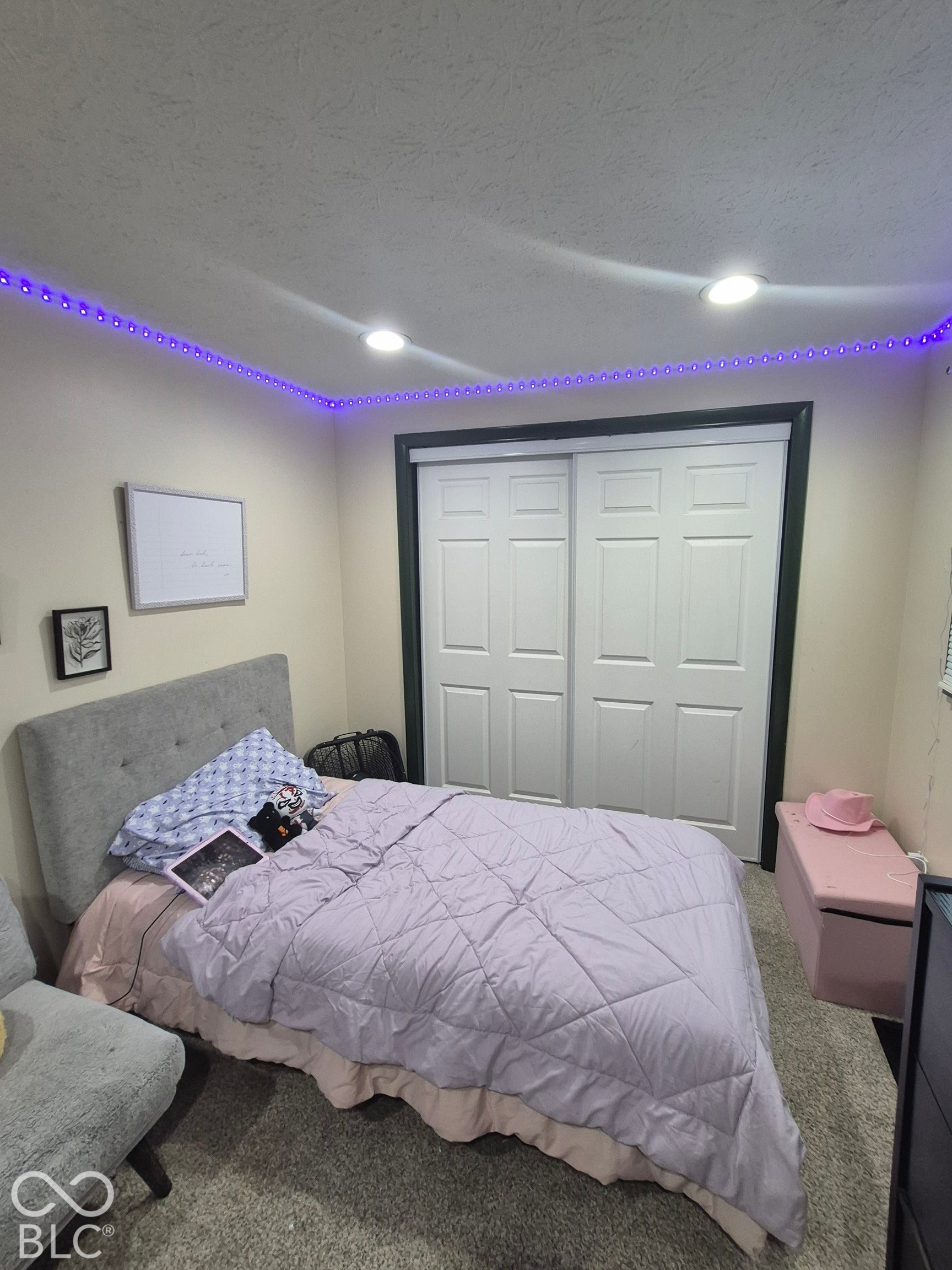 Recessed ceiling lighting, carpeted flooring, and a two-panel sliding closet door