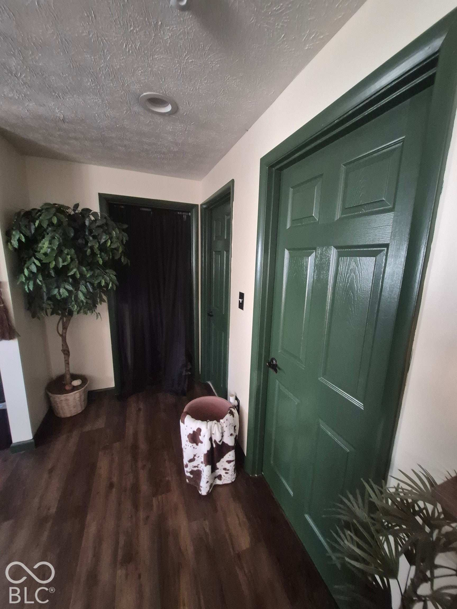 Recessed lighting, wood-finish flooring, and paneled doors with dark hardware