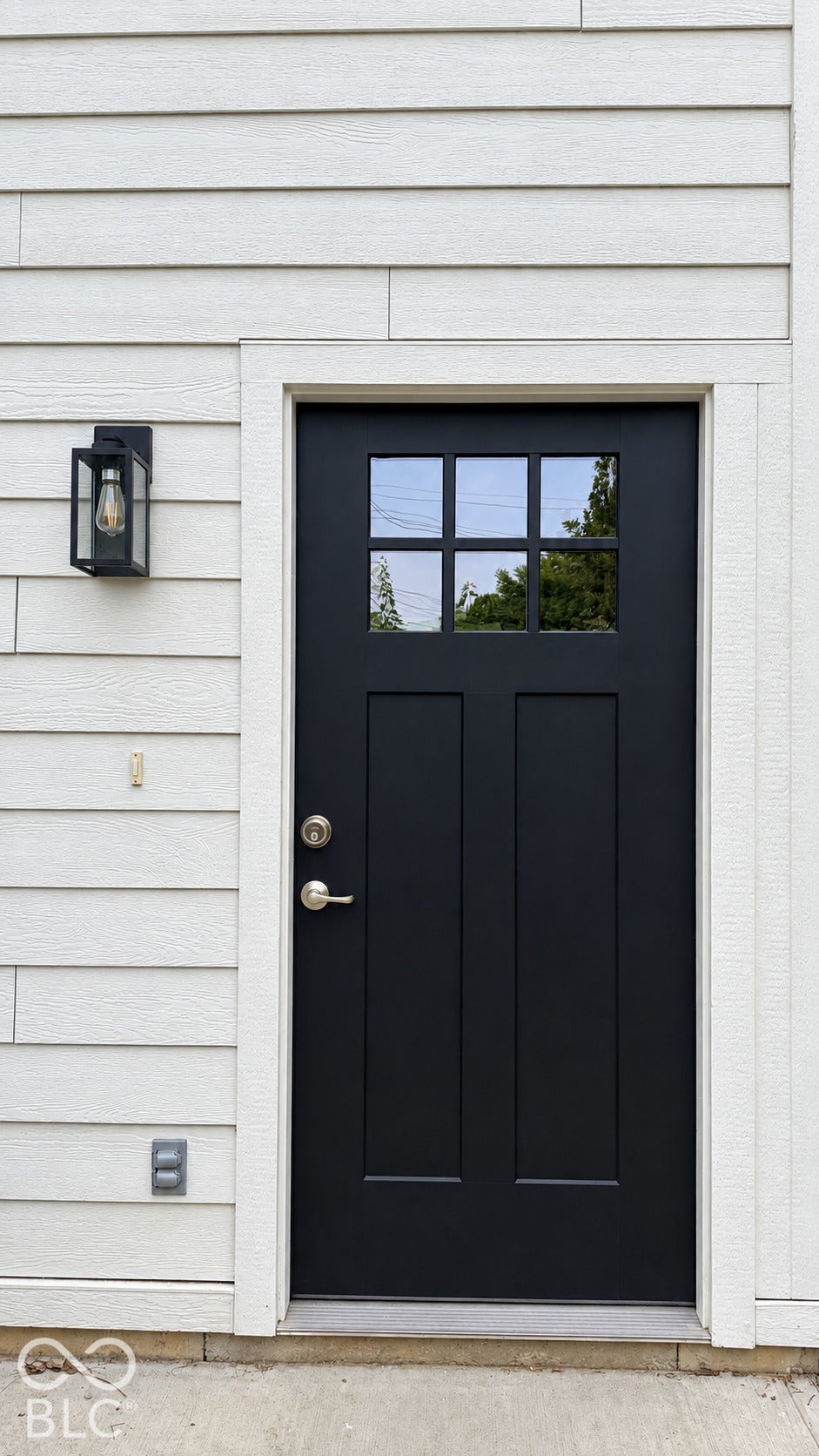 Black paneled door with divided lite glass, brushed nickel hardware, and a black framed lantern-style outdoor light fixture