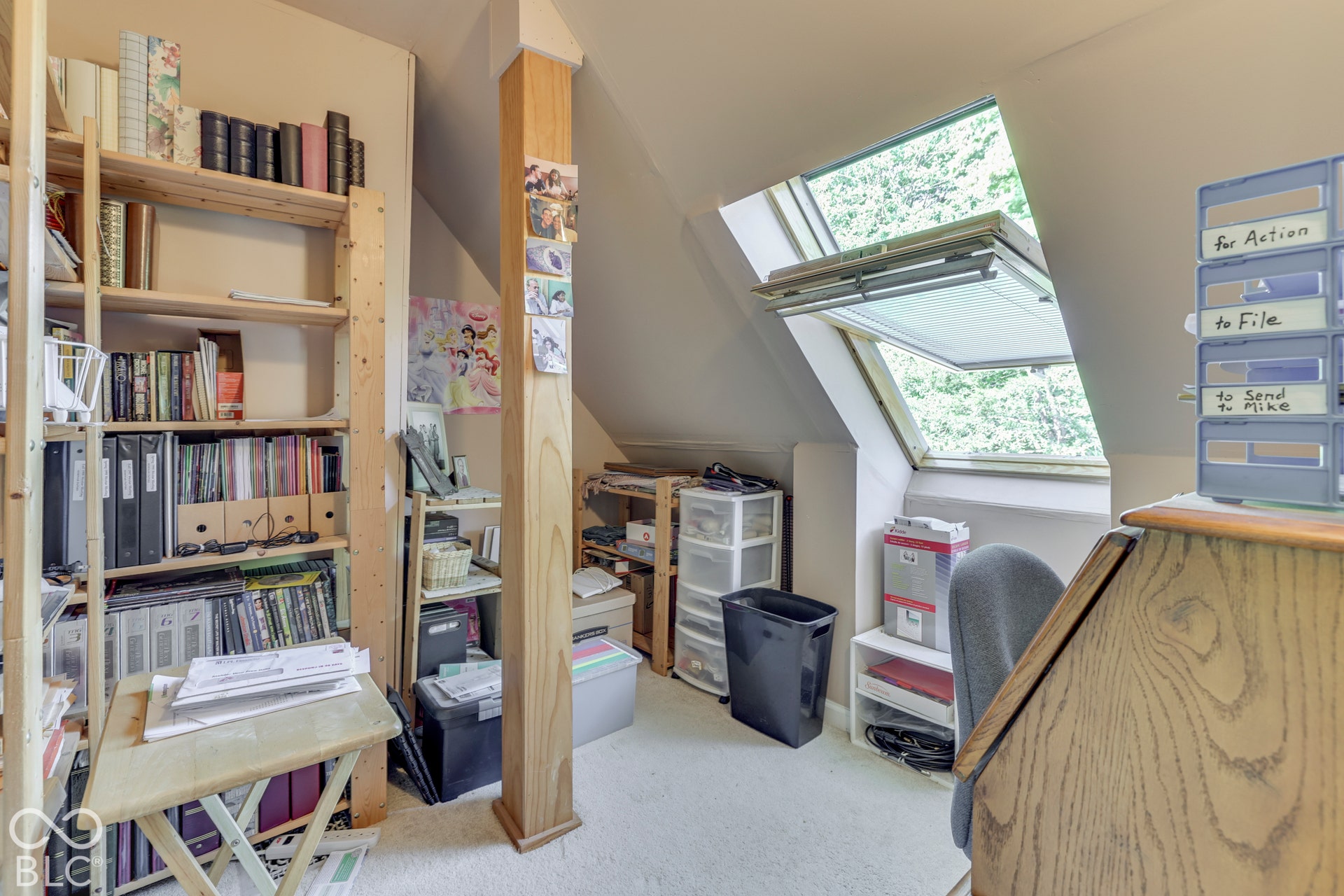 Slanted ceiling with a skylight, wood-finish desktop, and built-in shelving