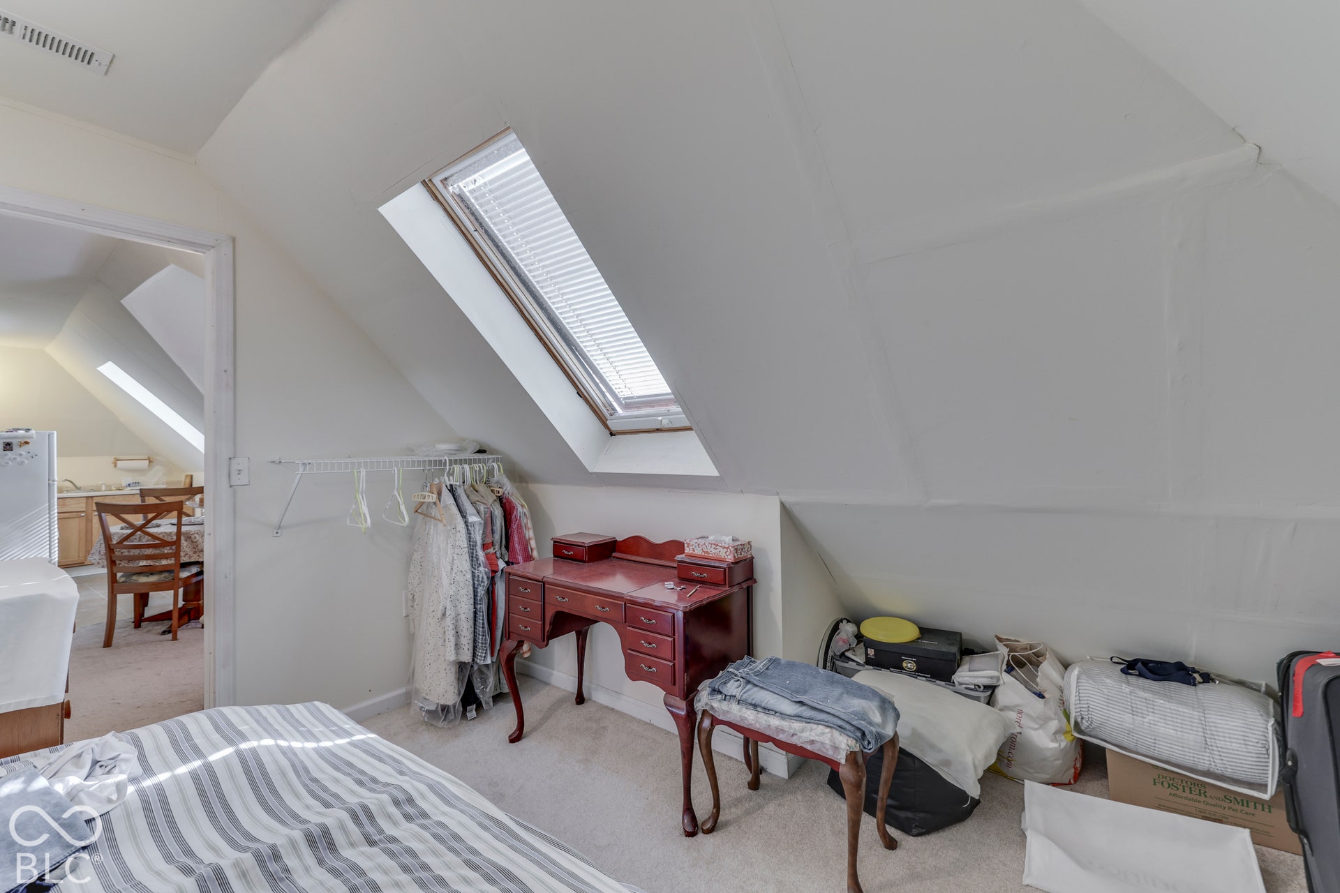 Sloped ceiling architecture with recessed skylights and wall-to-wall carpeting