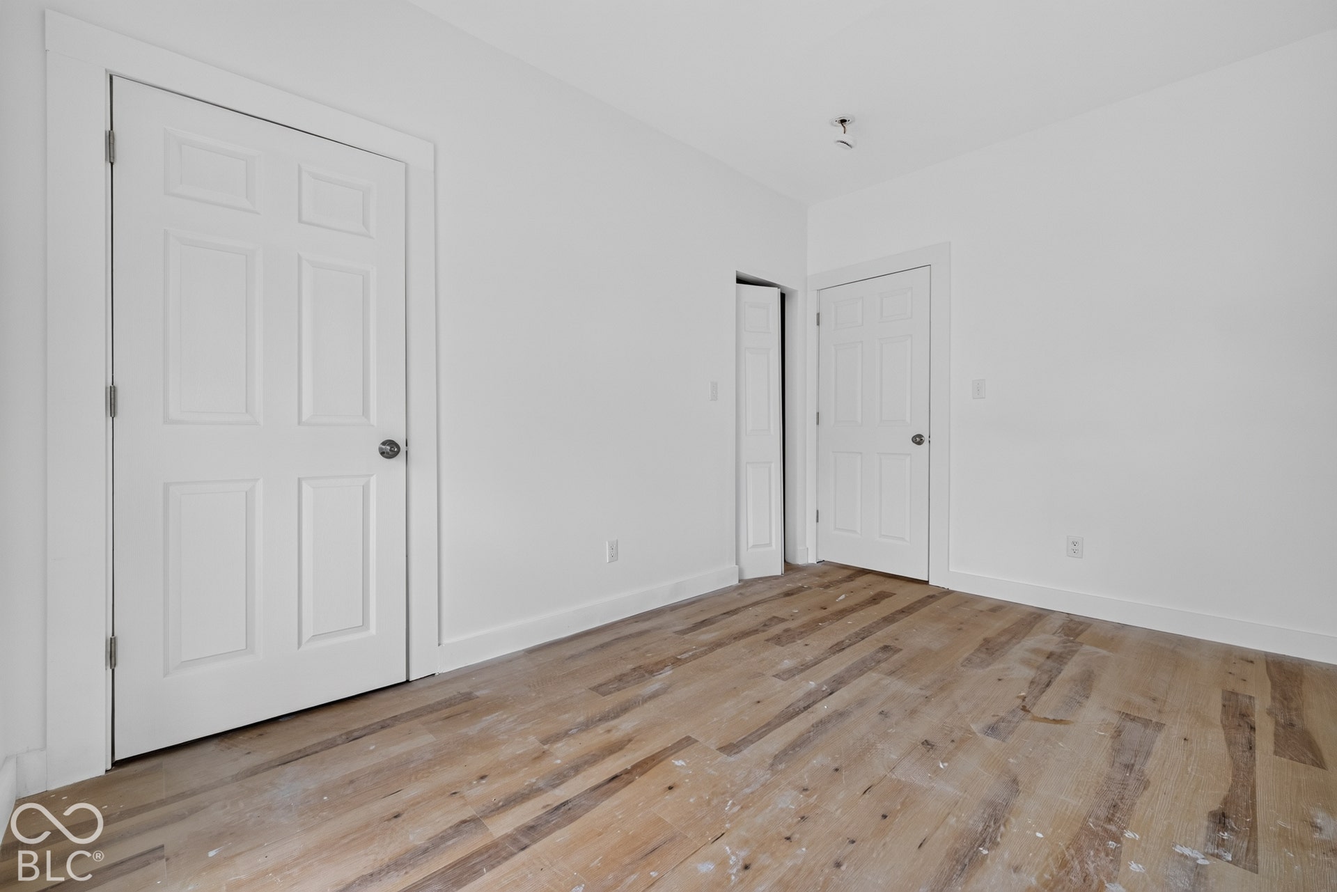 Wood-finish flooring with white baseboards, white walls, and two six-panel doors