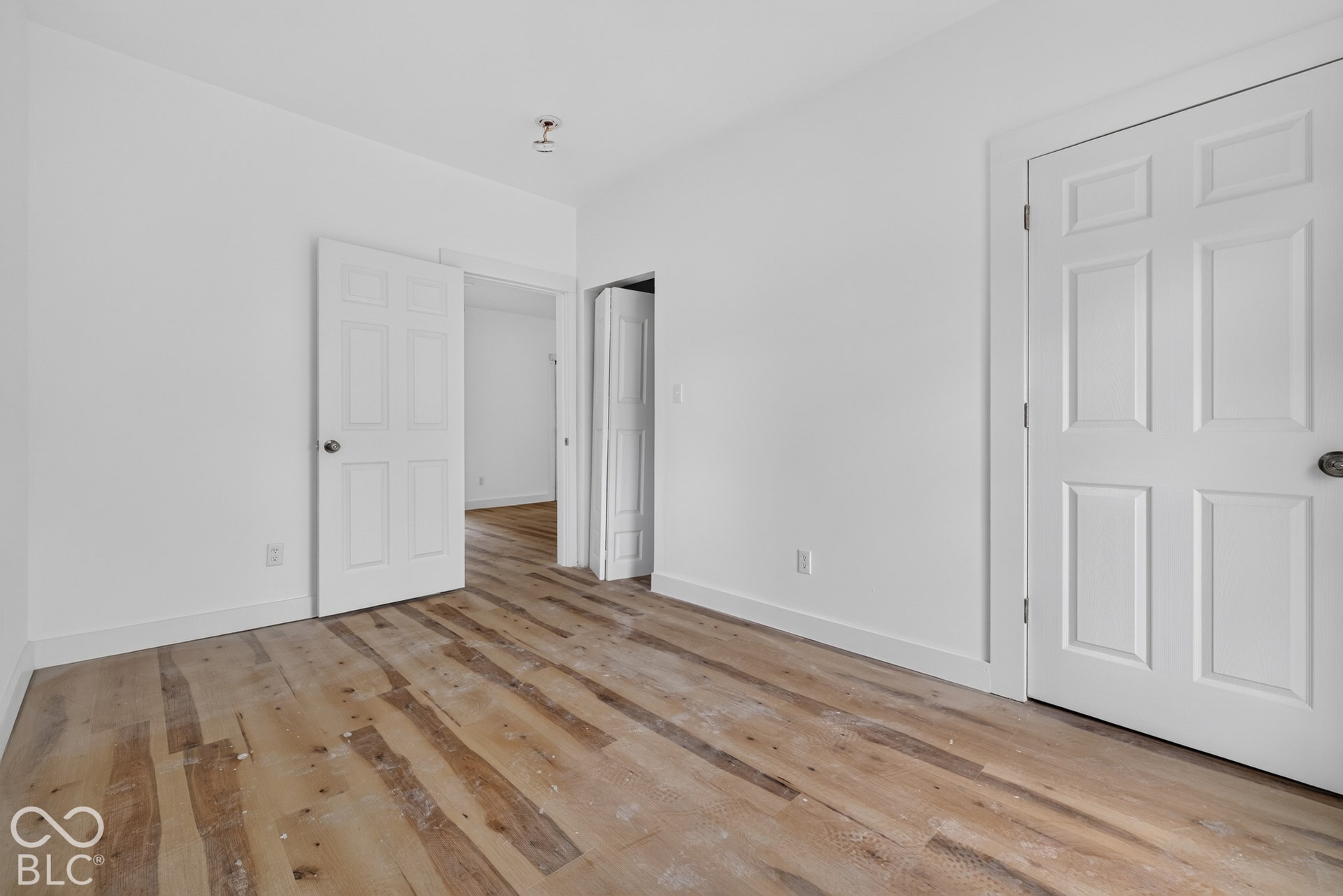 Wood-finish flooring, white walls, and white trim throughout