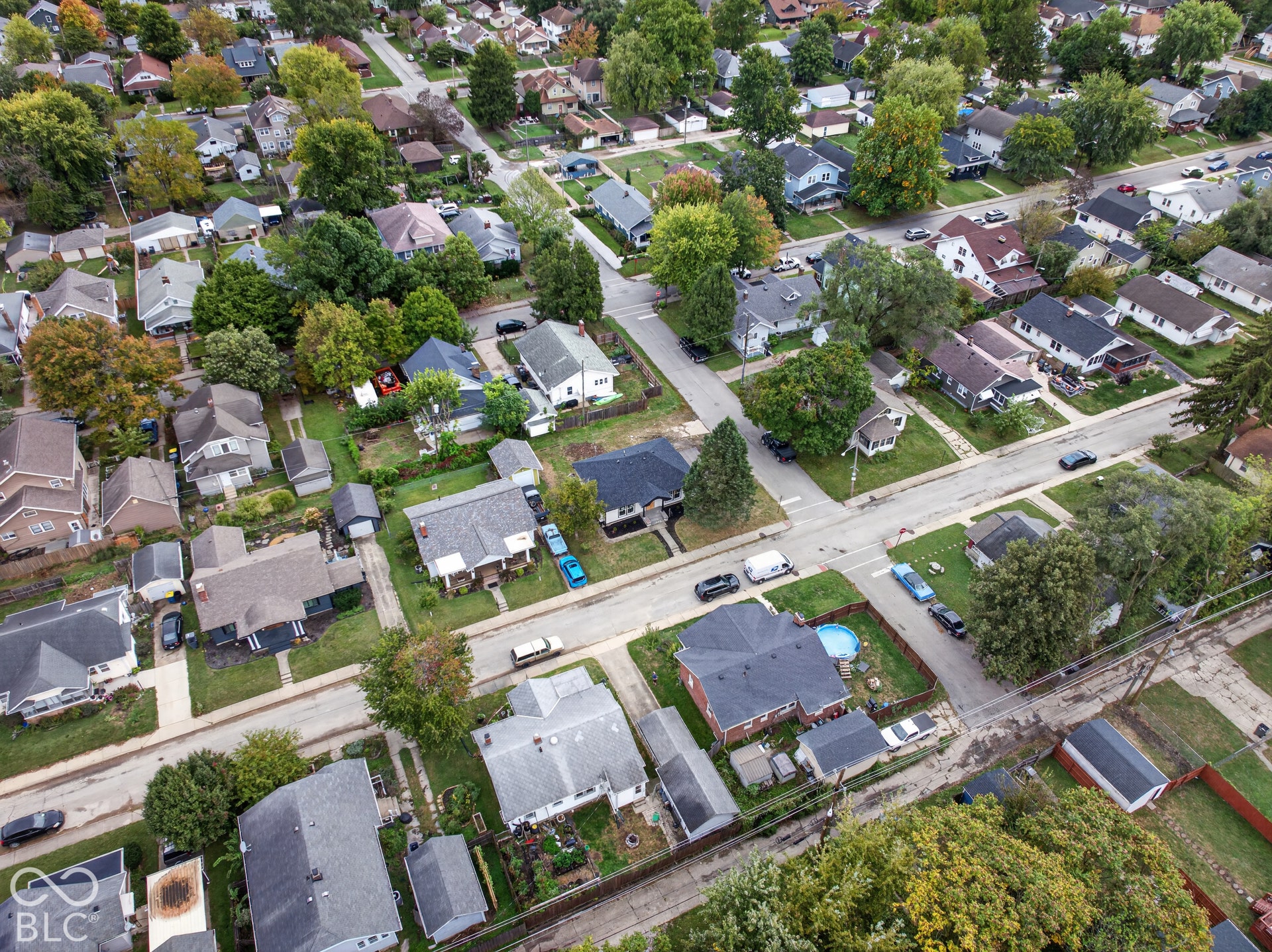 Residential neighborhood with established street grid and mature trees