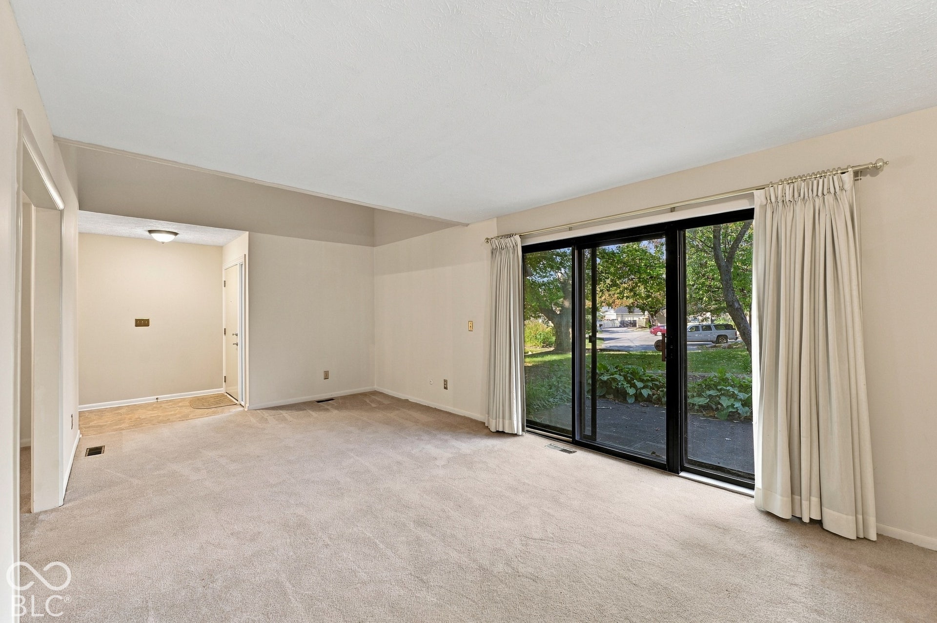 Sliding glass doors, neutral carpeting, and a recessed ceiling feature