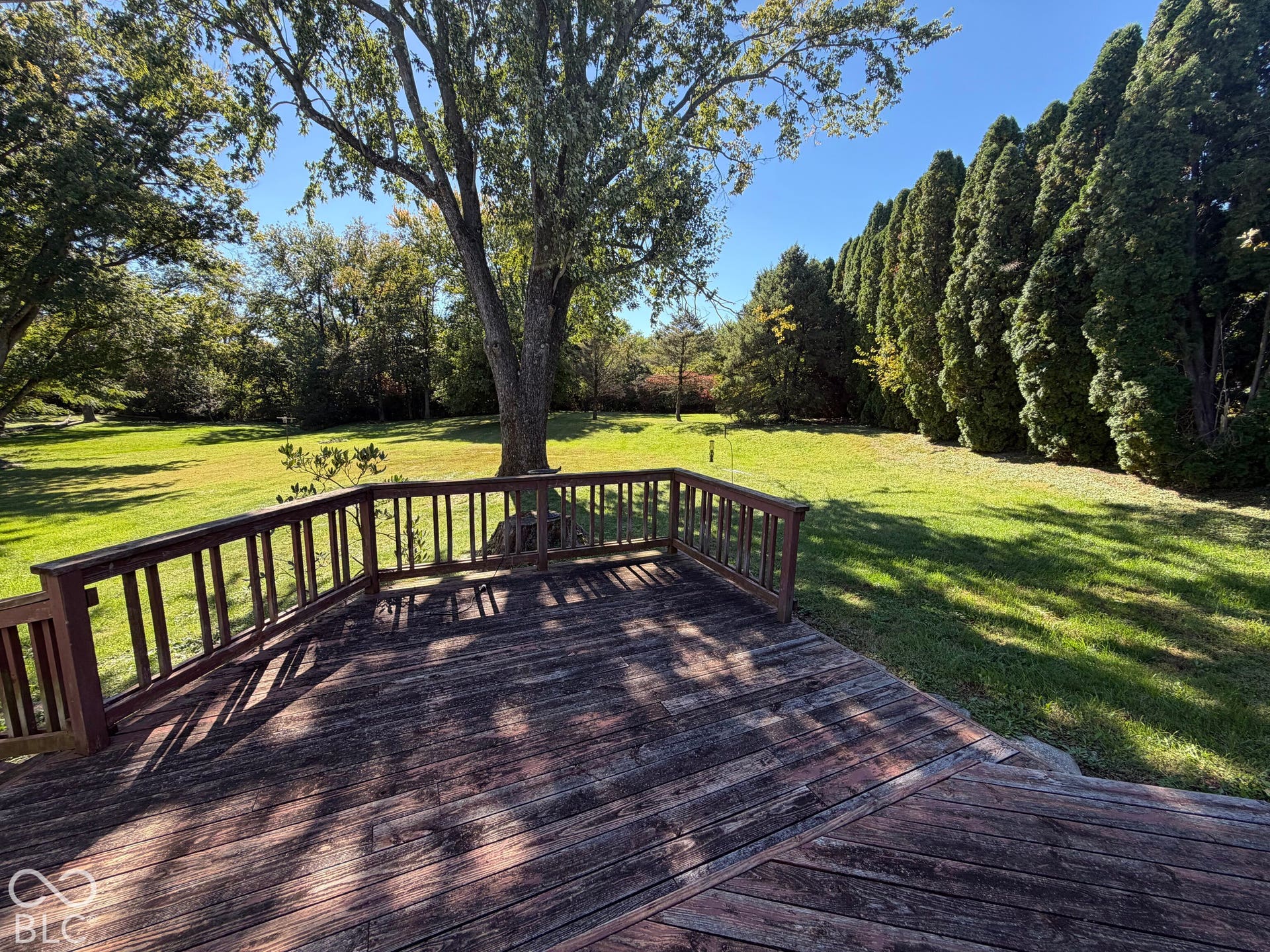 Wood-finish deck with railing overlooking an expansive lawn, mature trees, and a privacy hedge