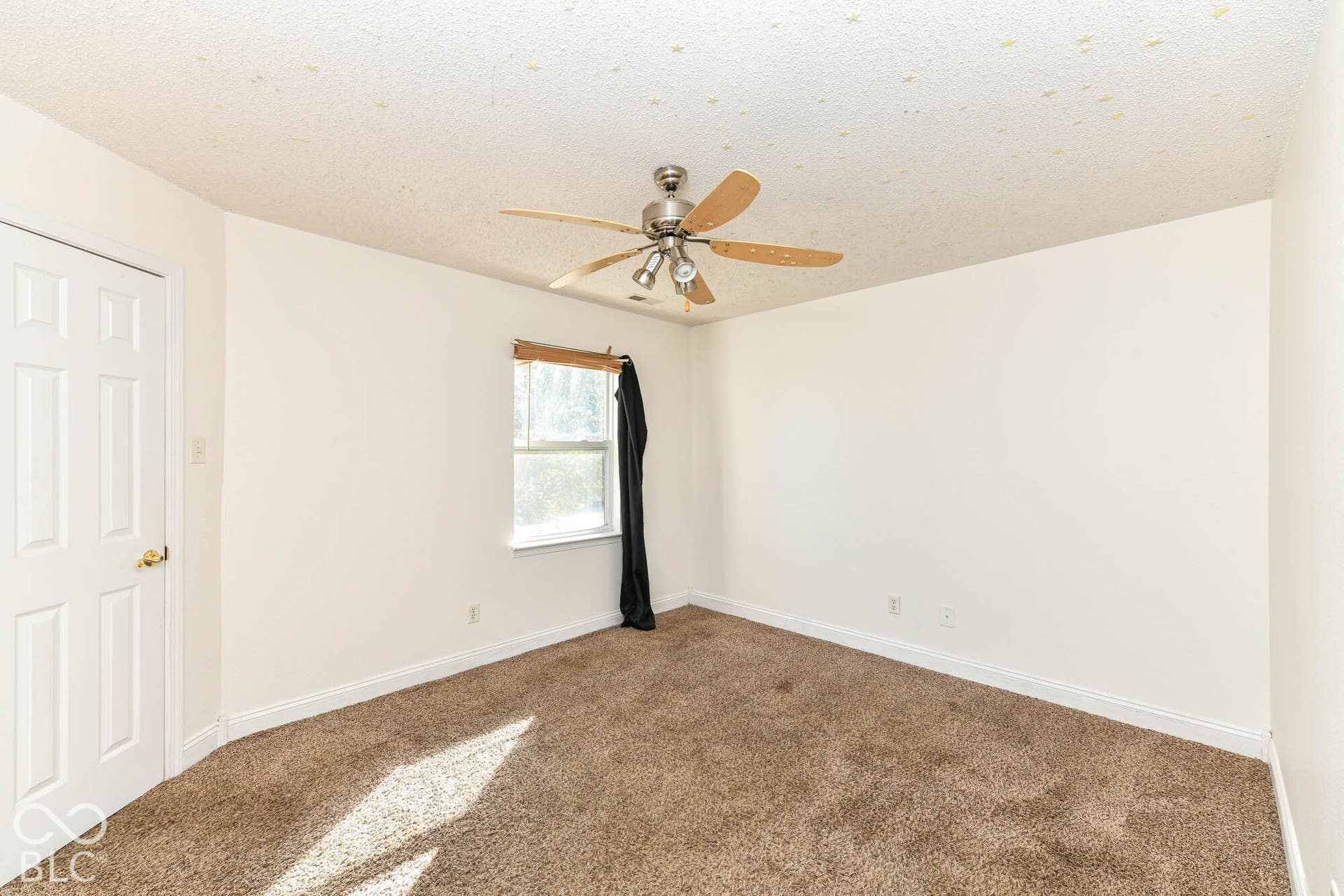 Ceiling fan with wood-finish blades and brushed nickel accents