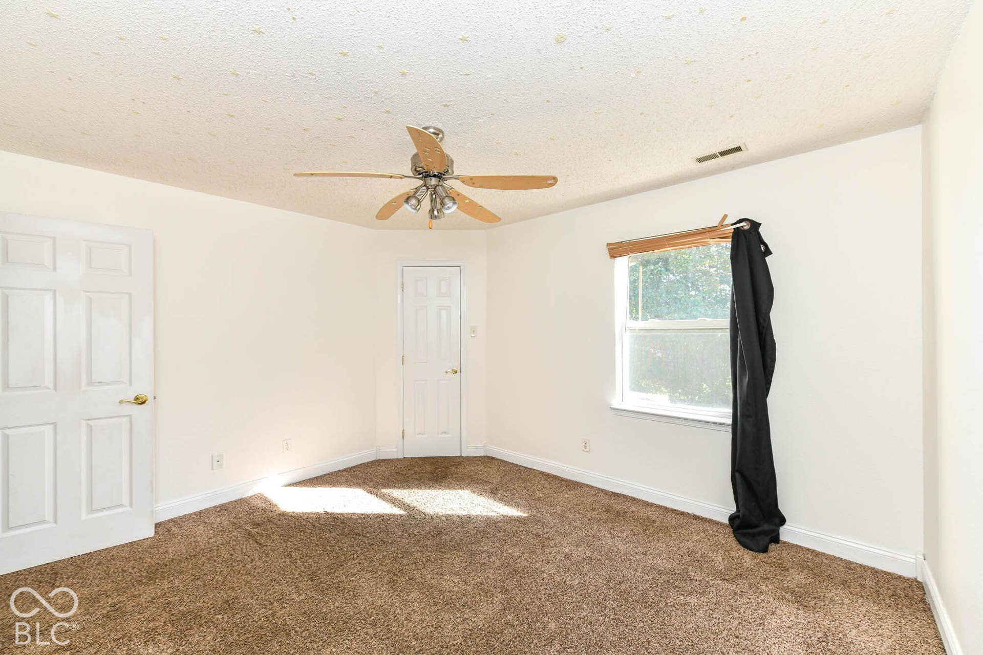 Carpeted room featuring a ceiling fan with integrated lighting, a window, and two paneled doors