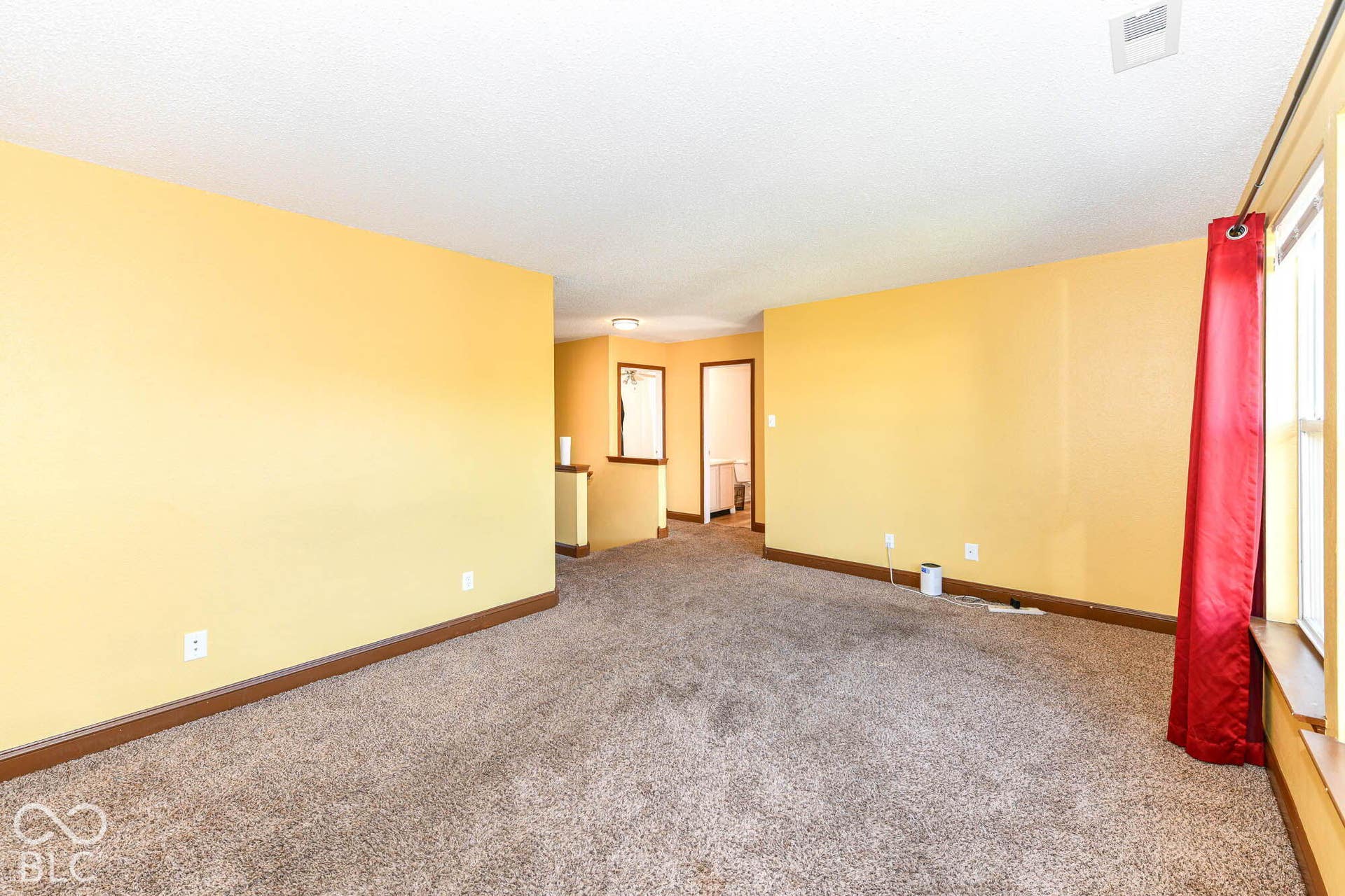 Carpeted flooring, light-toned walls, and abundant natural light from a prominent window