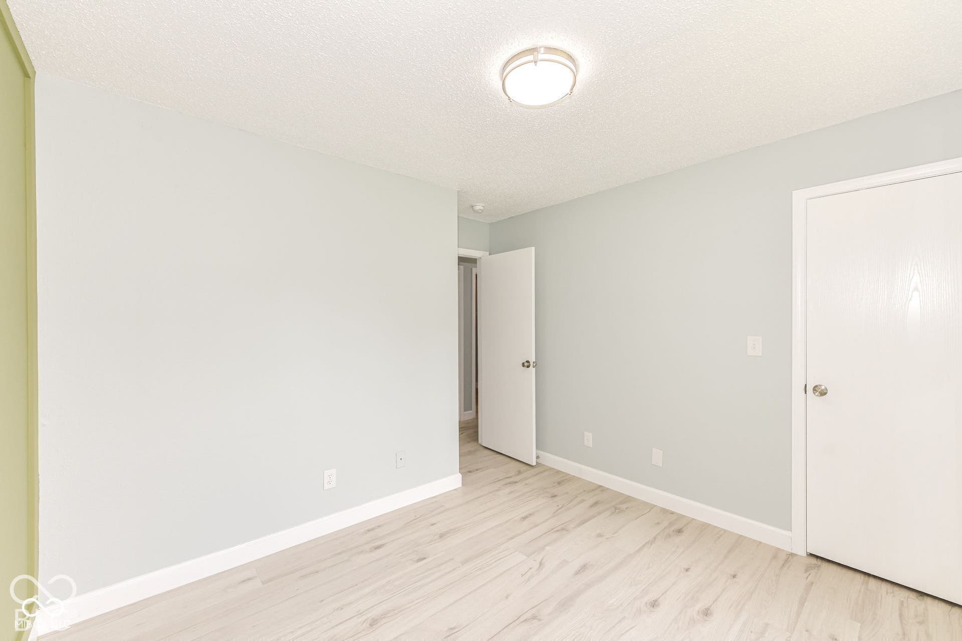 Light wood-finish flooring, overhead flush-mount lighting, and white trim
