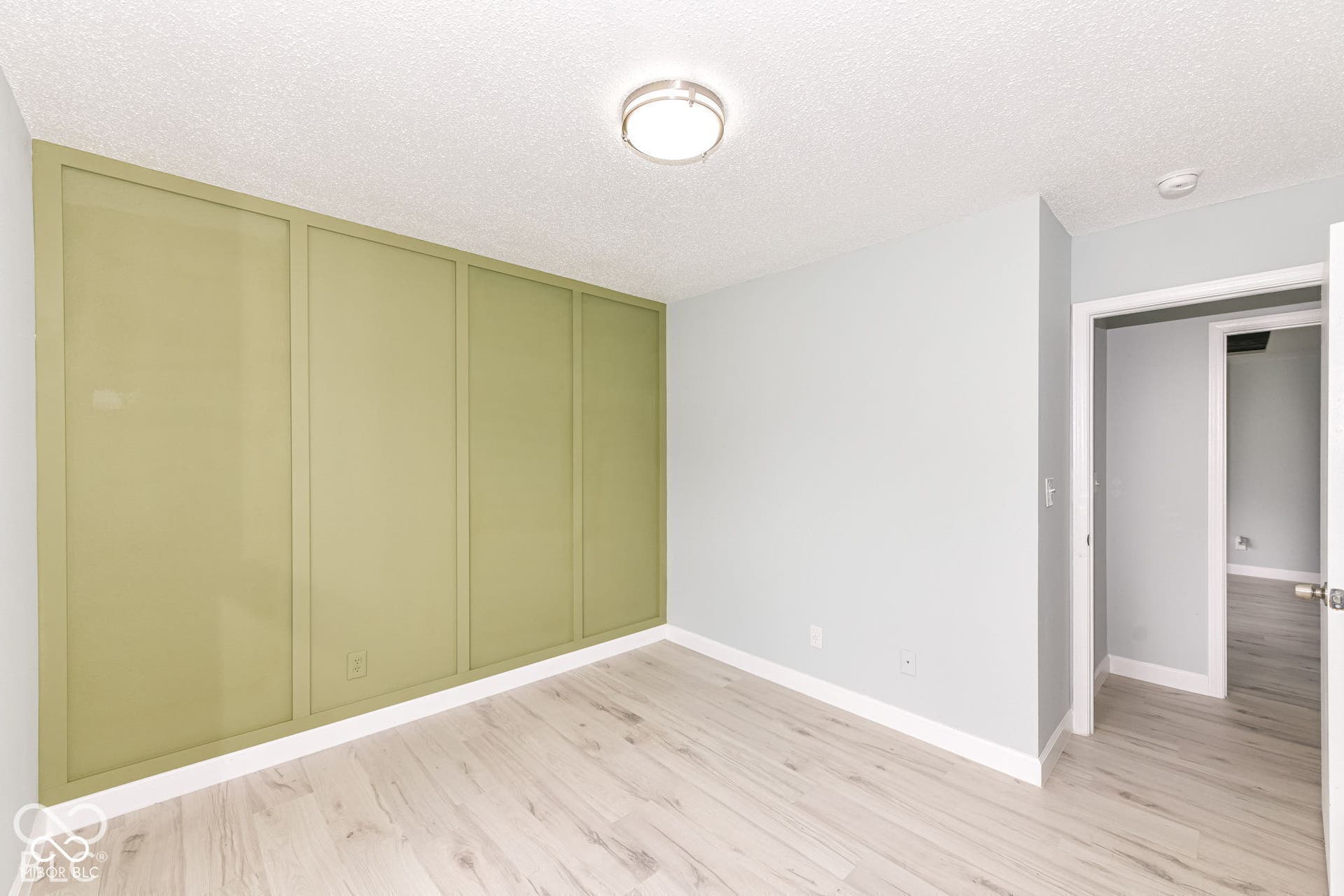 Wood-finish flooring, accent wall paneling, ceiling-mounted light fixture, and white trim