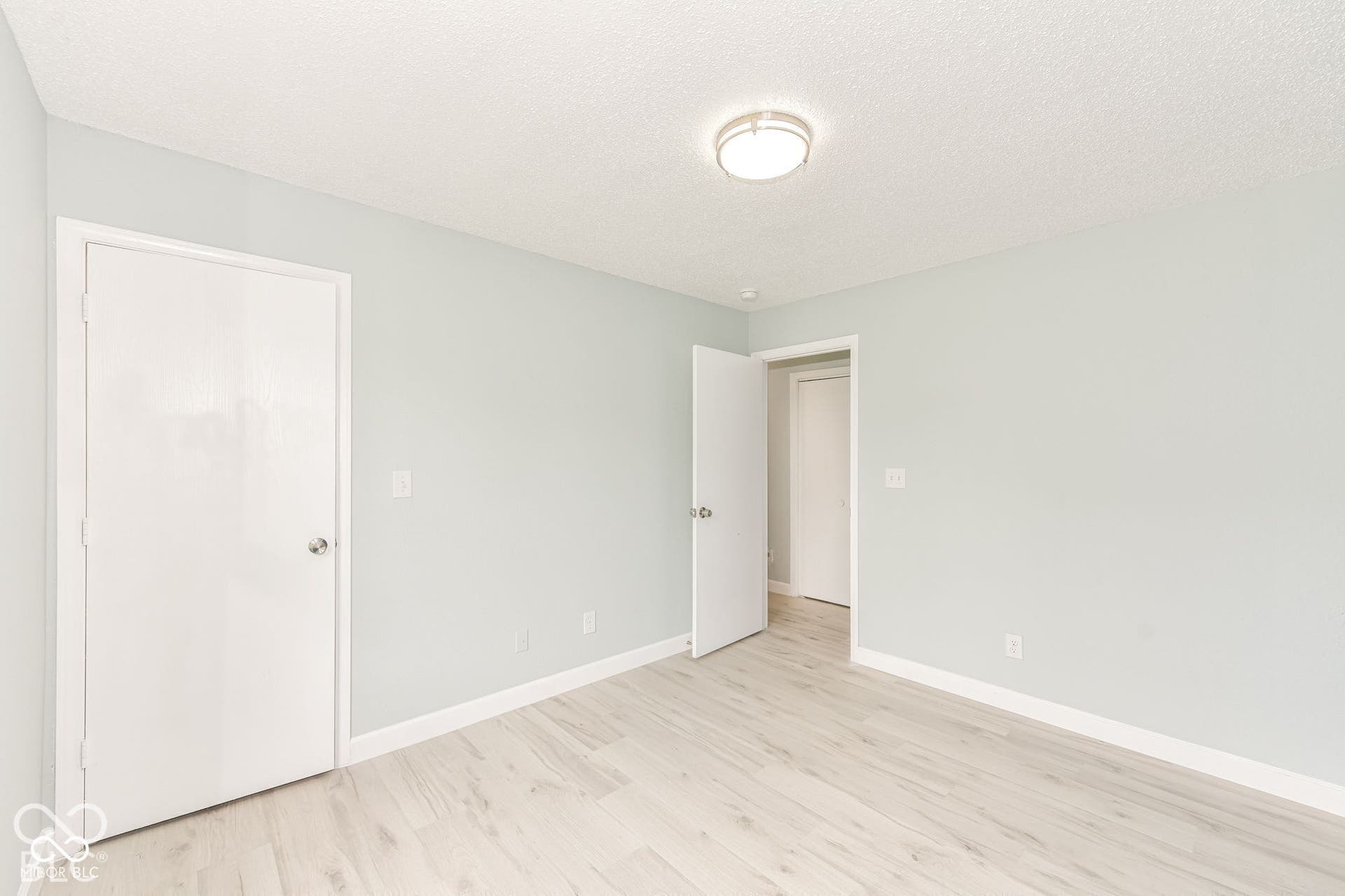 Light-toned wood-finish flooring, white trim, and a white interior door