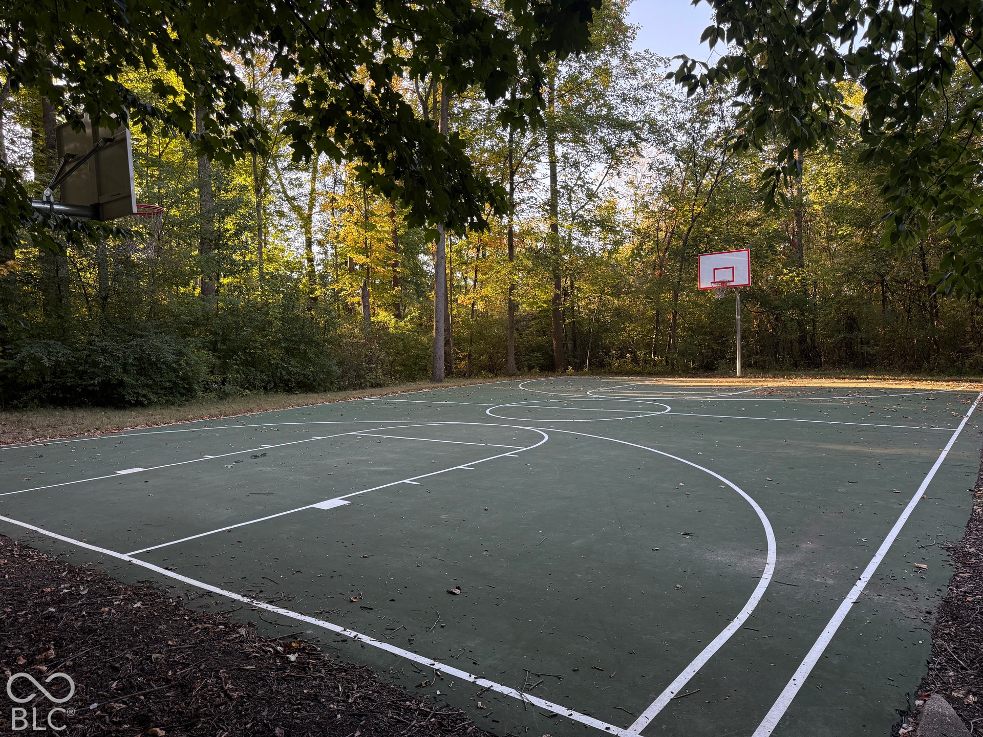 6416 Manchester Drive, Fishers, IN 46038 Neighborhood amenity: Basketball court surrounded by wooded area.