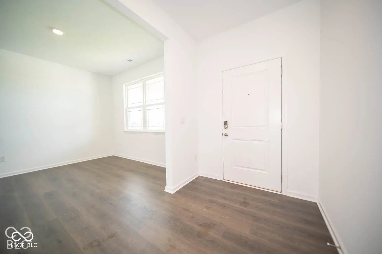5778 Aleppo Lane, Greenwood, IN 46143 Wood-finish flooring, recessed lighting, and a white paneled entry door with hardware