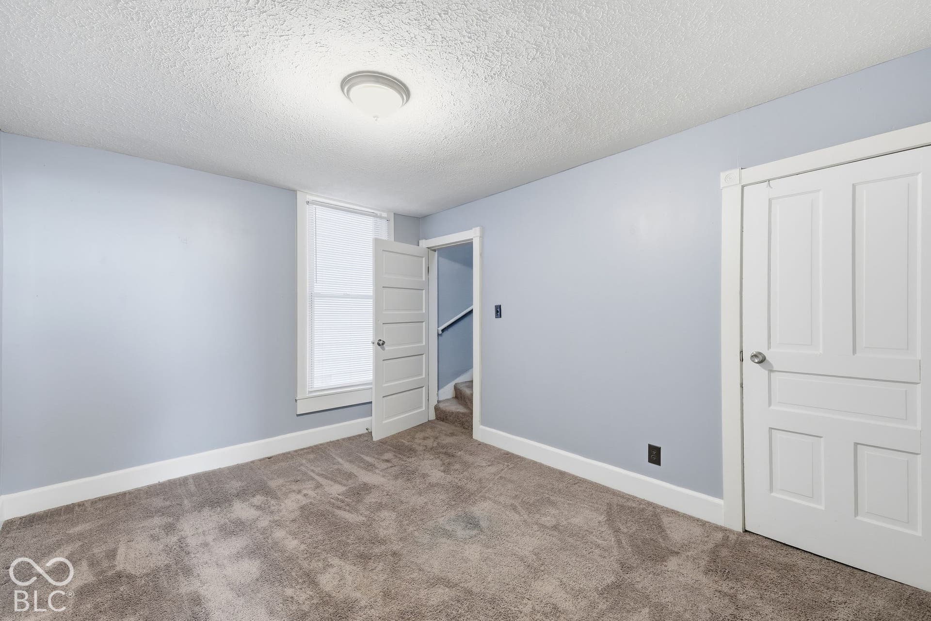 Textured carpeting, light blue walls, white trim, and a flush mount ceiling light