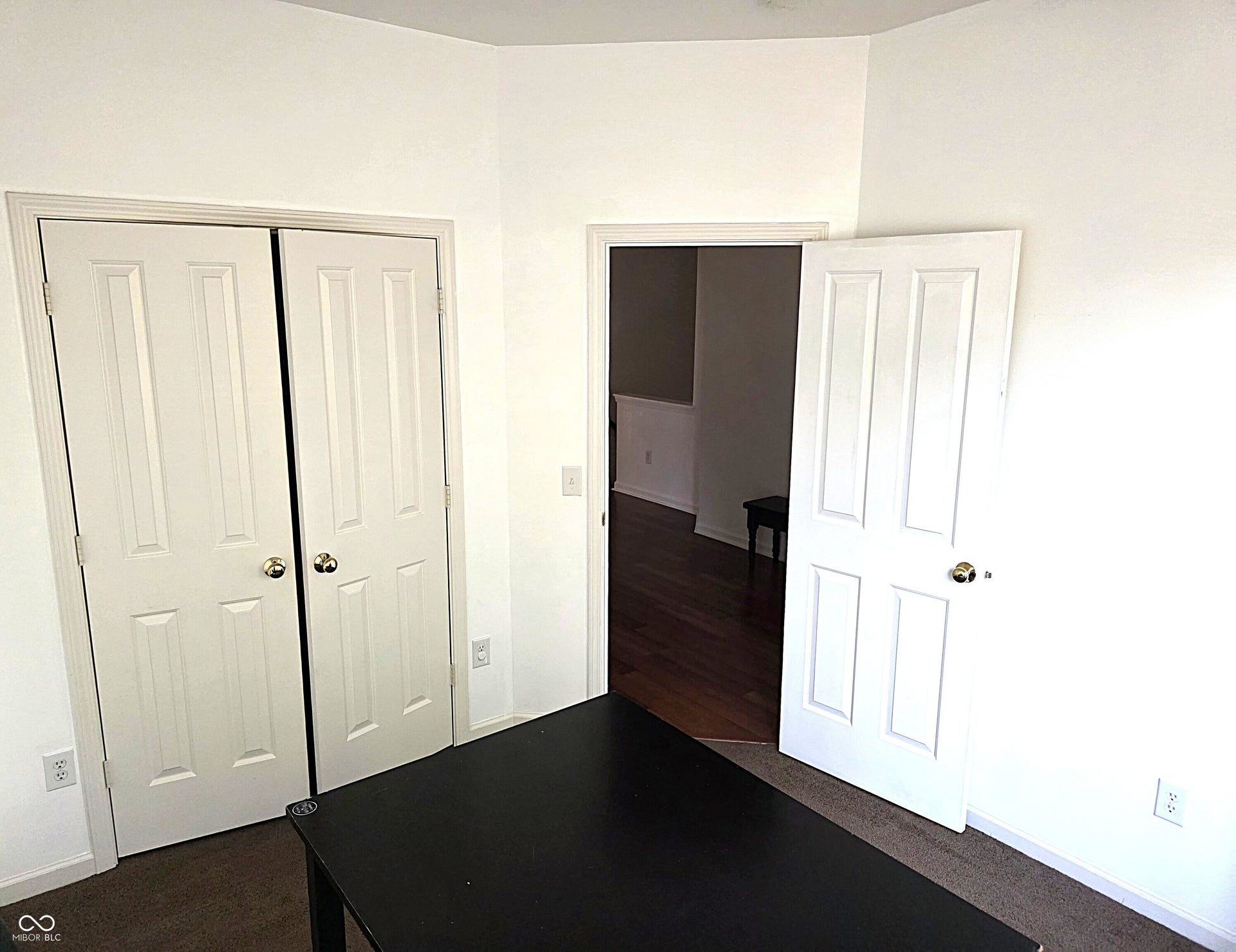 White walls, bi-fold closet doors, and a paneled interior door