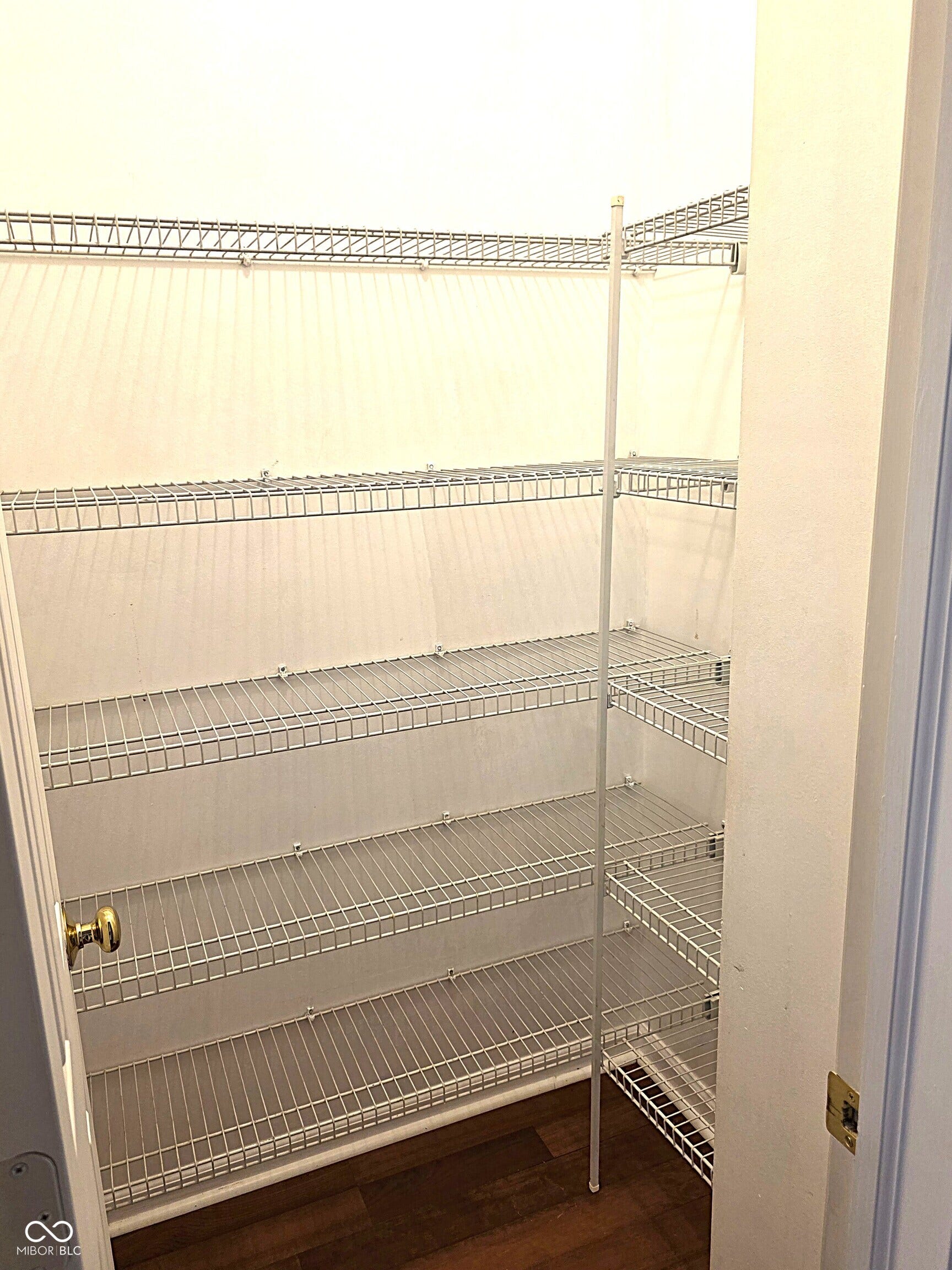 Corner pantry with wire shelving and wood-finish flooring