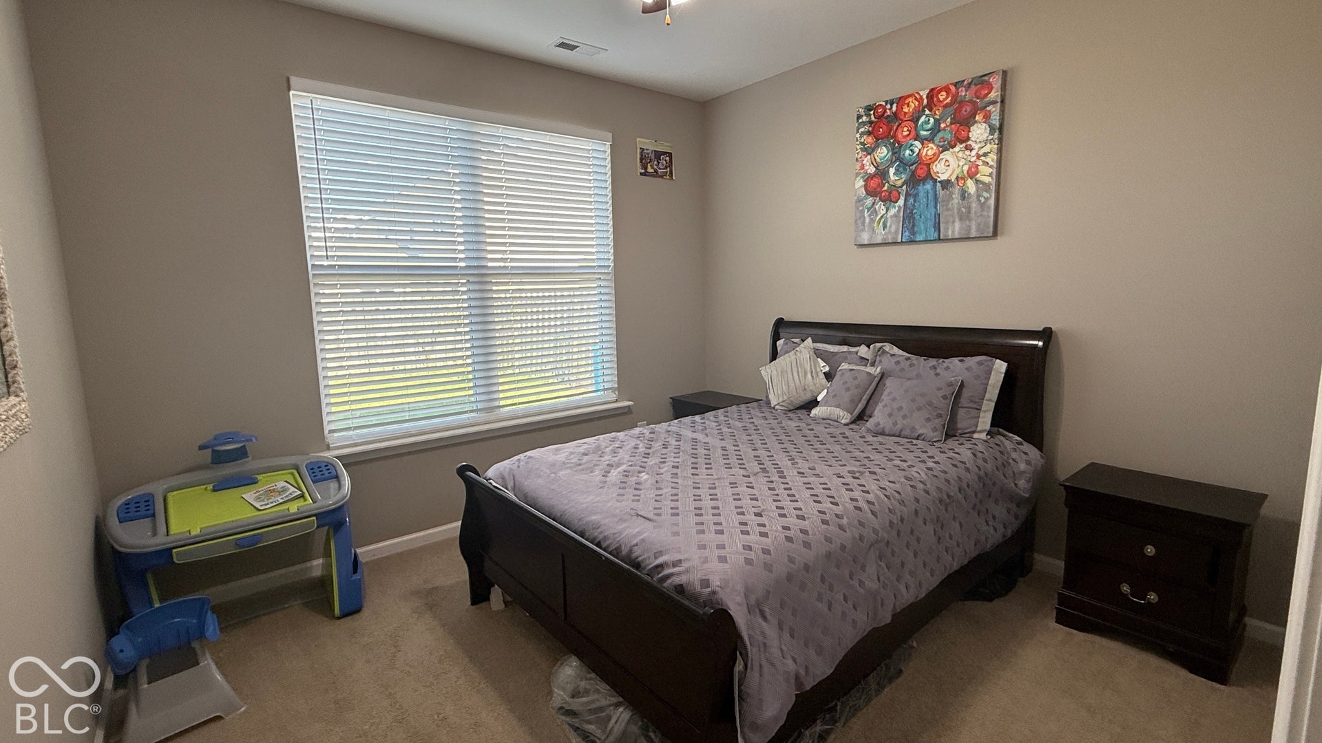 Neutral tone wall paint, window with blinds, and carpeted flooring