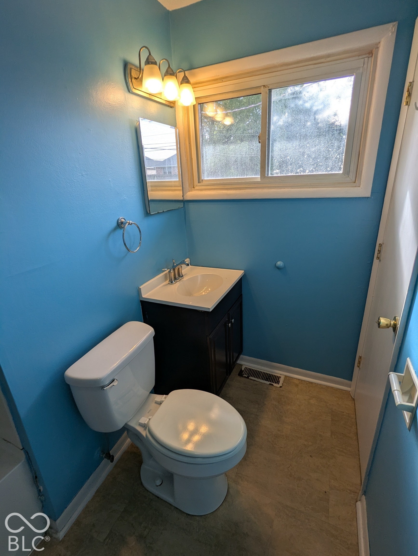 364 Robbins Drive, Greenwood, IN 46142 Single window with white trim, dark wood-finish vanity with white sink, chrome faucet, and vinyl flooring