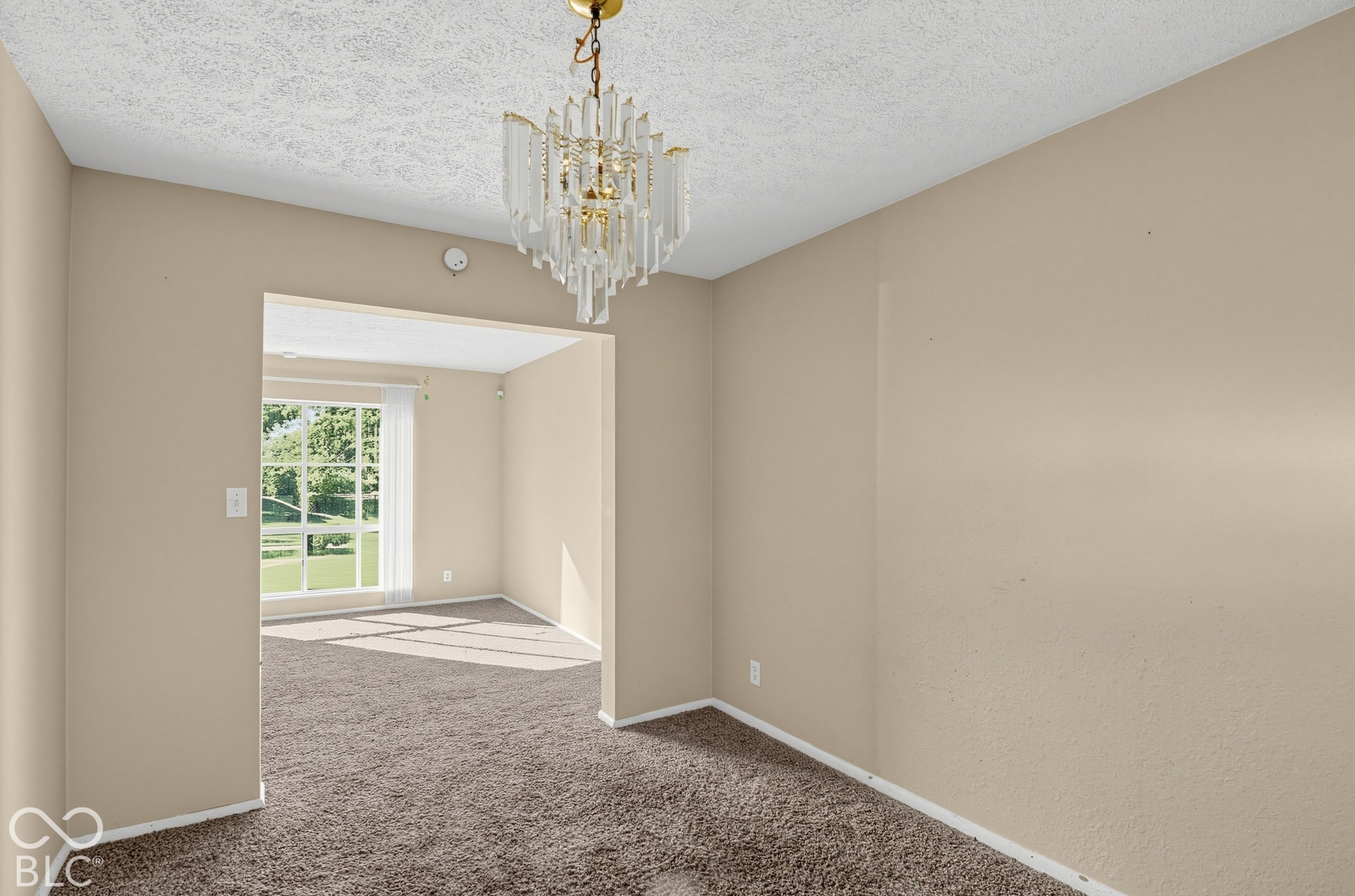 3733 Ireland Drive, Indianapolis, IN 46235 Recessed archway entry, textured ceiling, brown carpeting, and a crystal-style chandelier