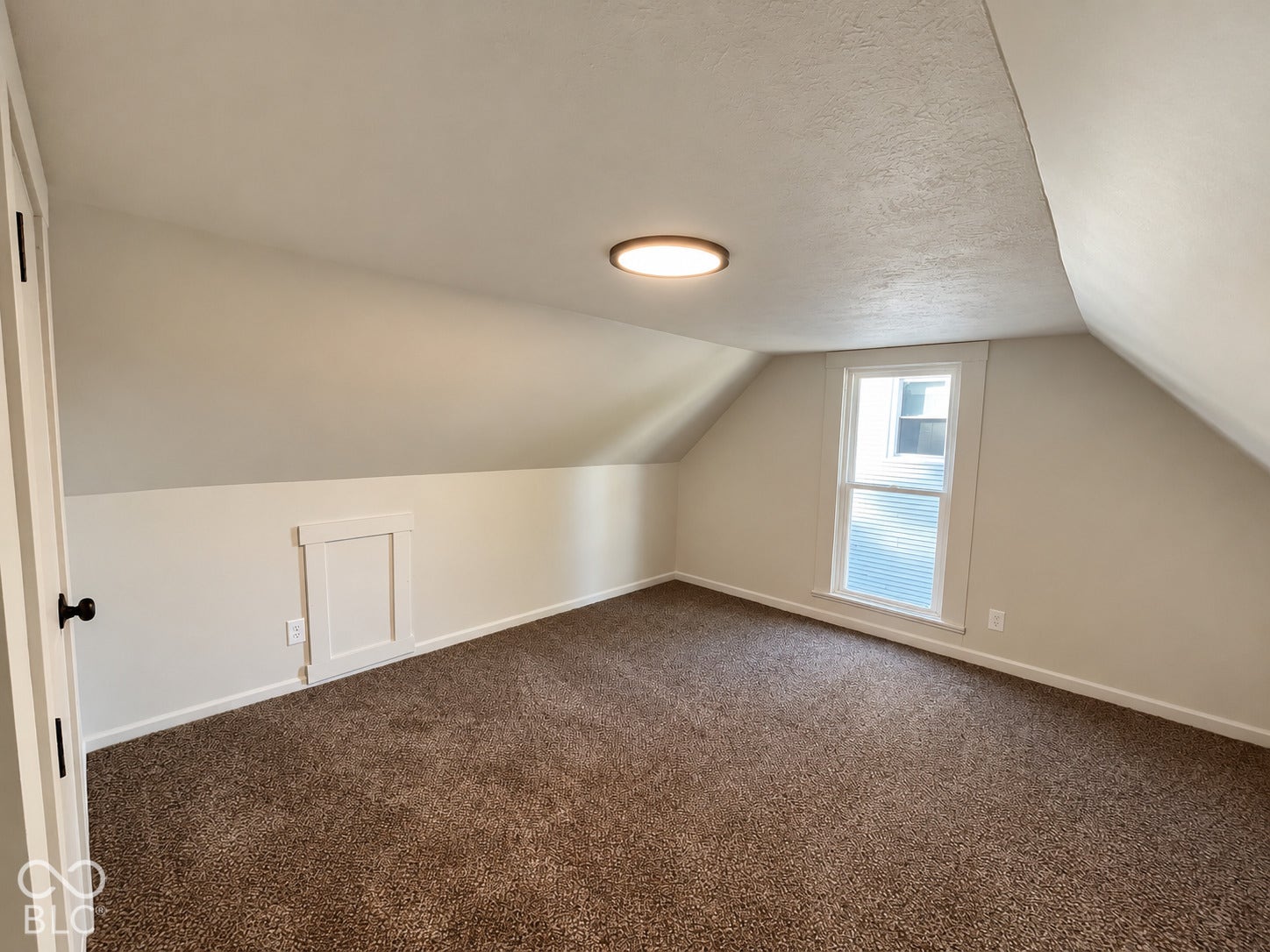 Brown carpet flooring, white painted walls, a built-in access panel, a flush-mount ceiling light fixture, and a single pane window with white trim