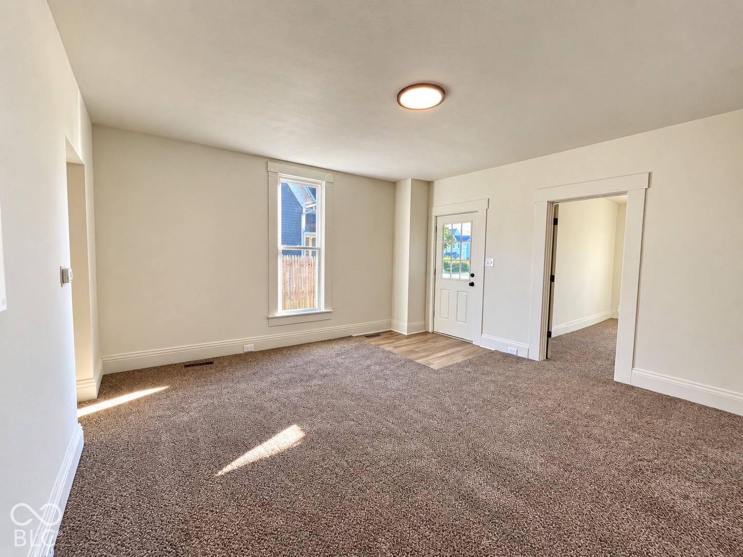Neutral carpet flooring, light wall paint, a single window, and a white paneled door