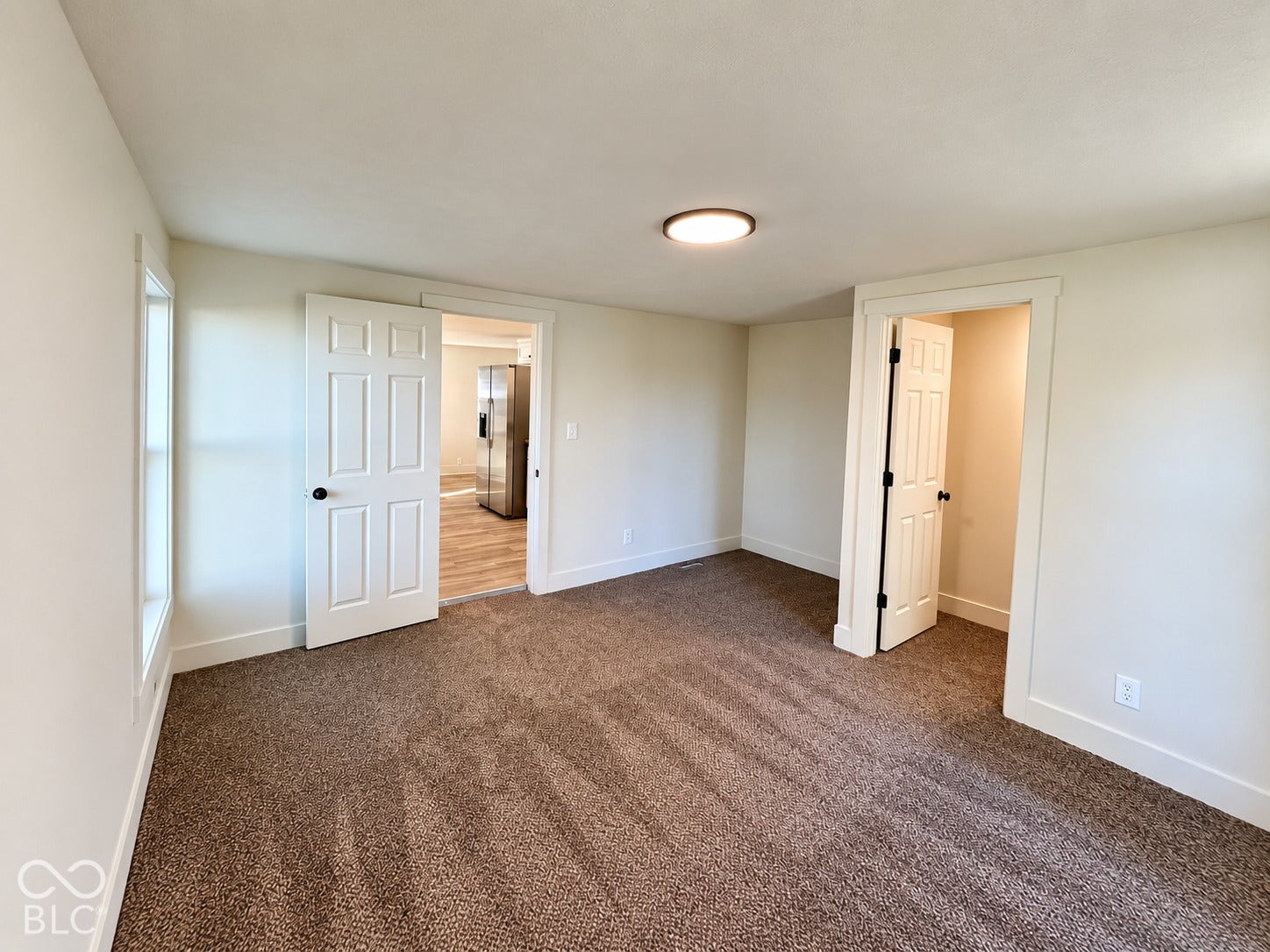 Plush brown carpeting, white paneled doors with black hardware, neutral wall paint, and a flush mount ceiling light
