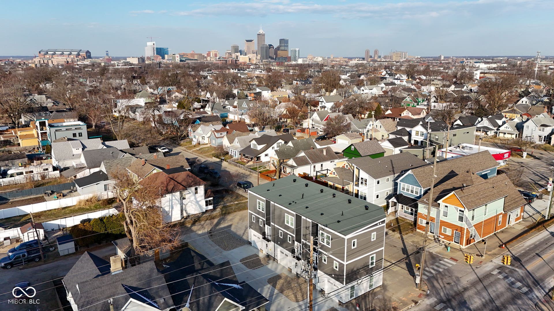 drone / aerial view of city skyline