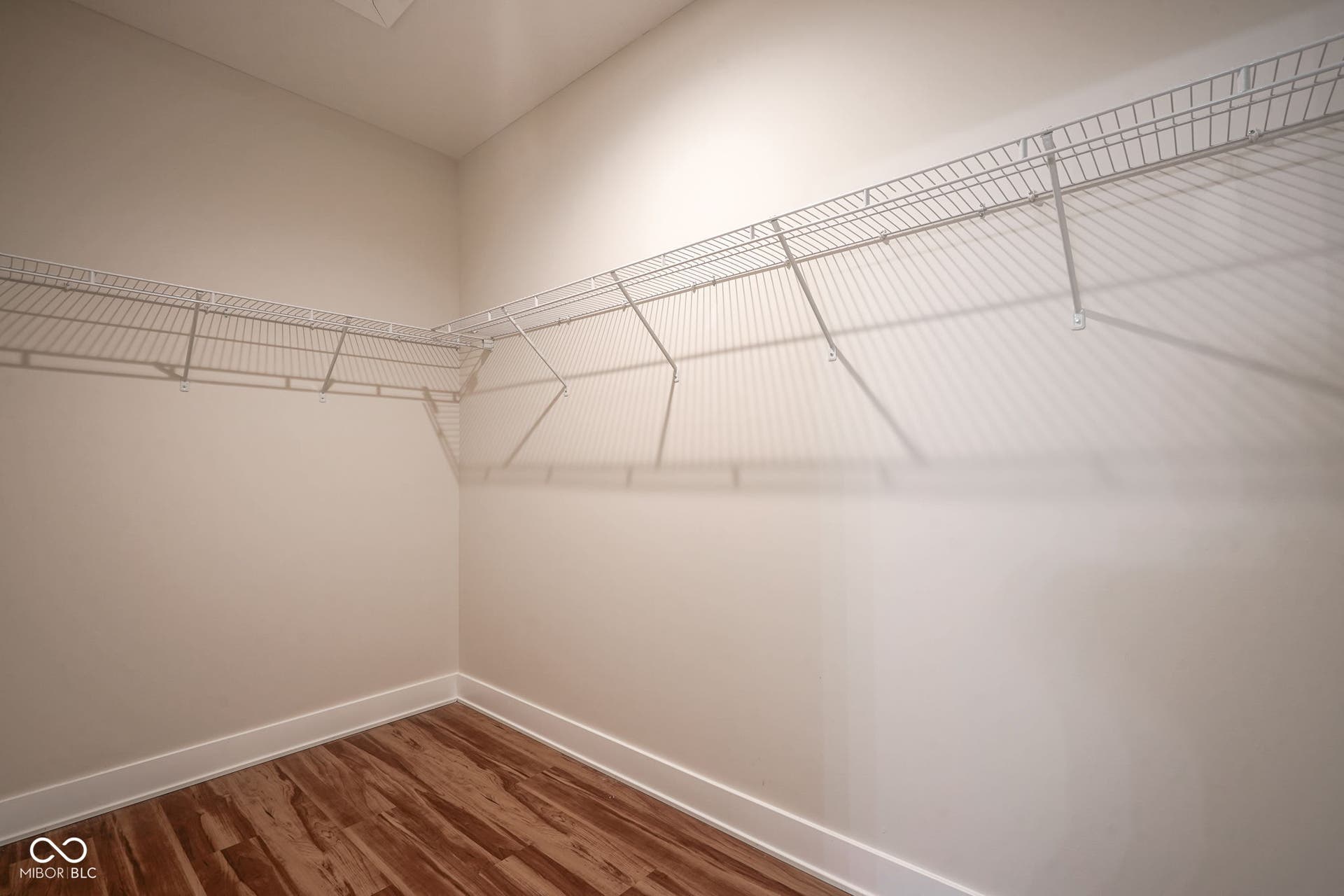 walk in closet with dark wood-style flooring