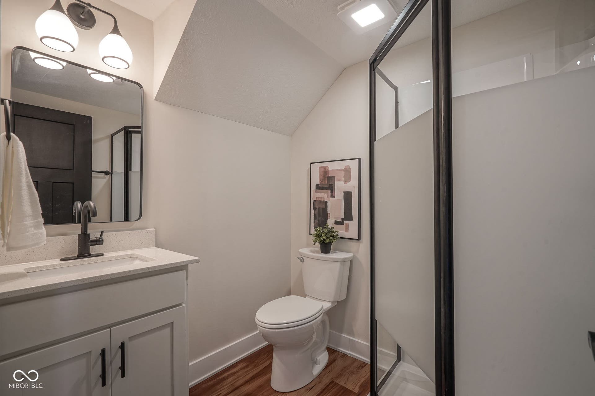 full bathroom featuring a stall shower, vanity, dark wood-style floors, and vaulted ceiling