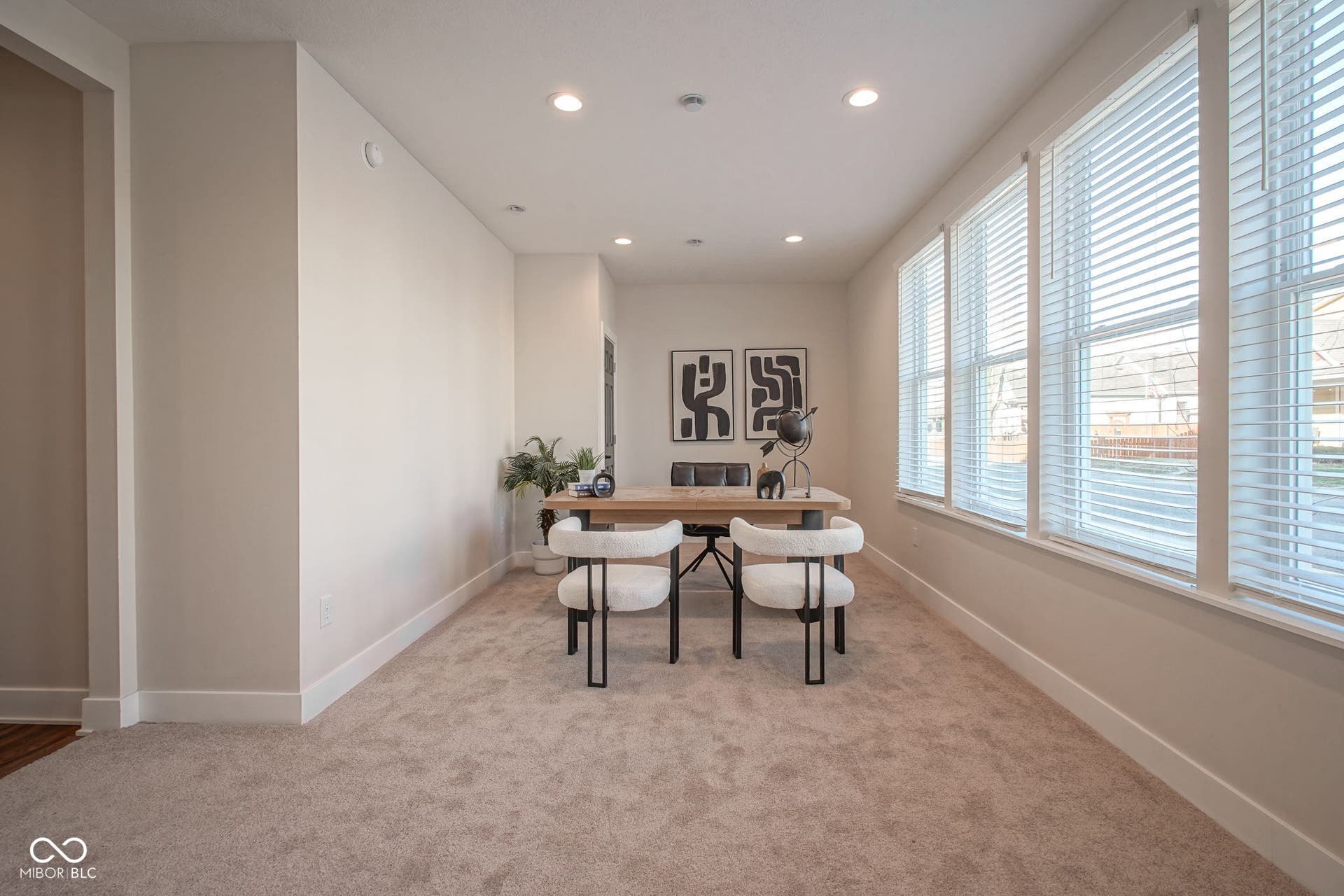 office area featuring recessed lighting and light colored carpet