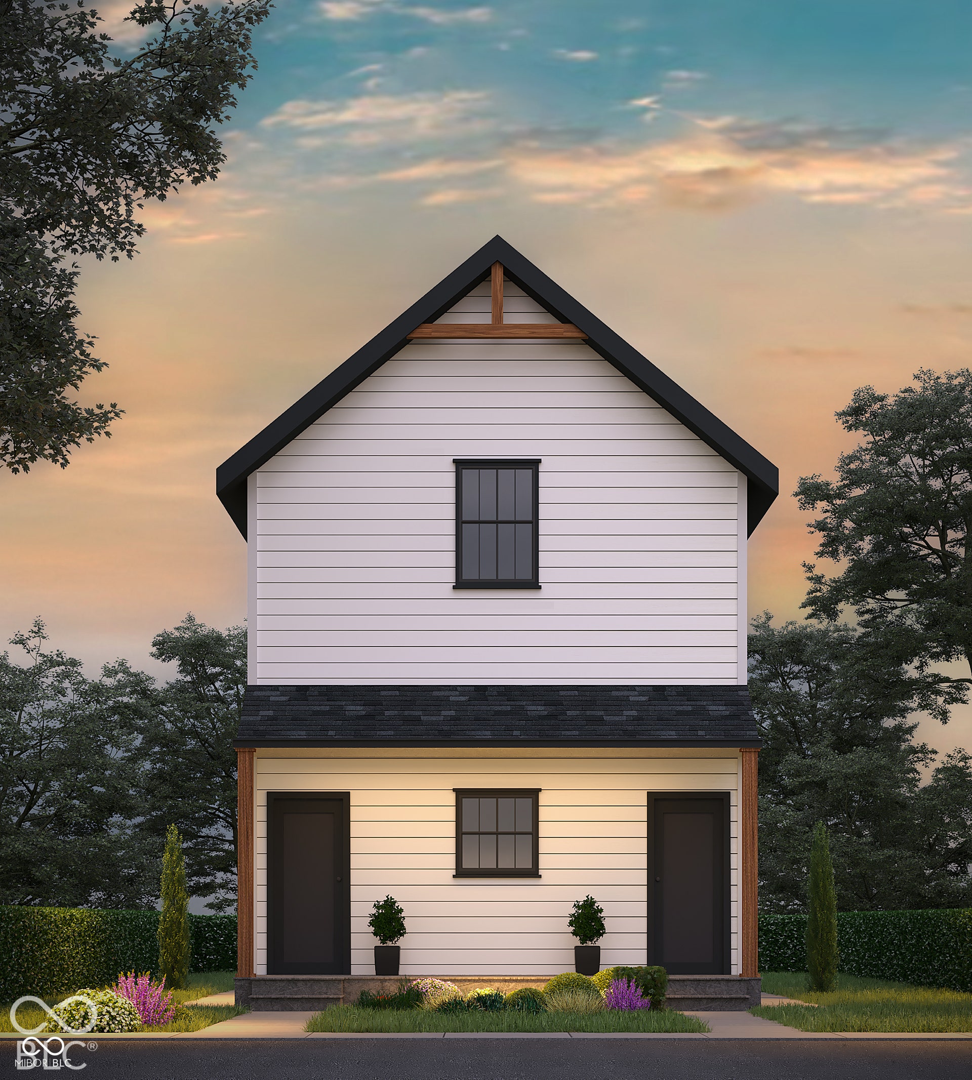 Modern facade with white horizontal siding and black-framed windows