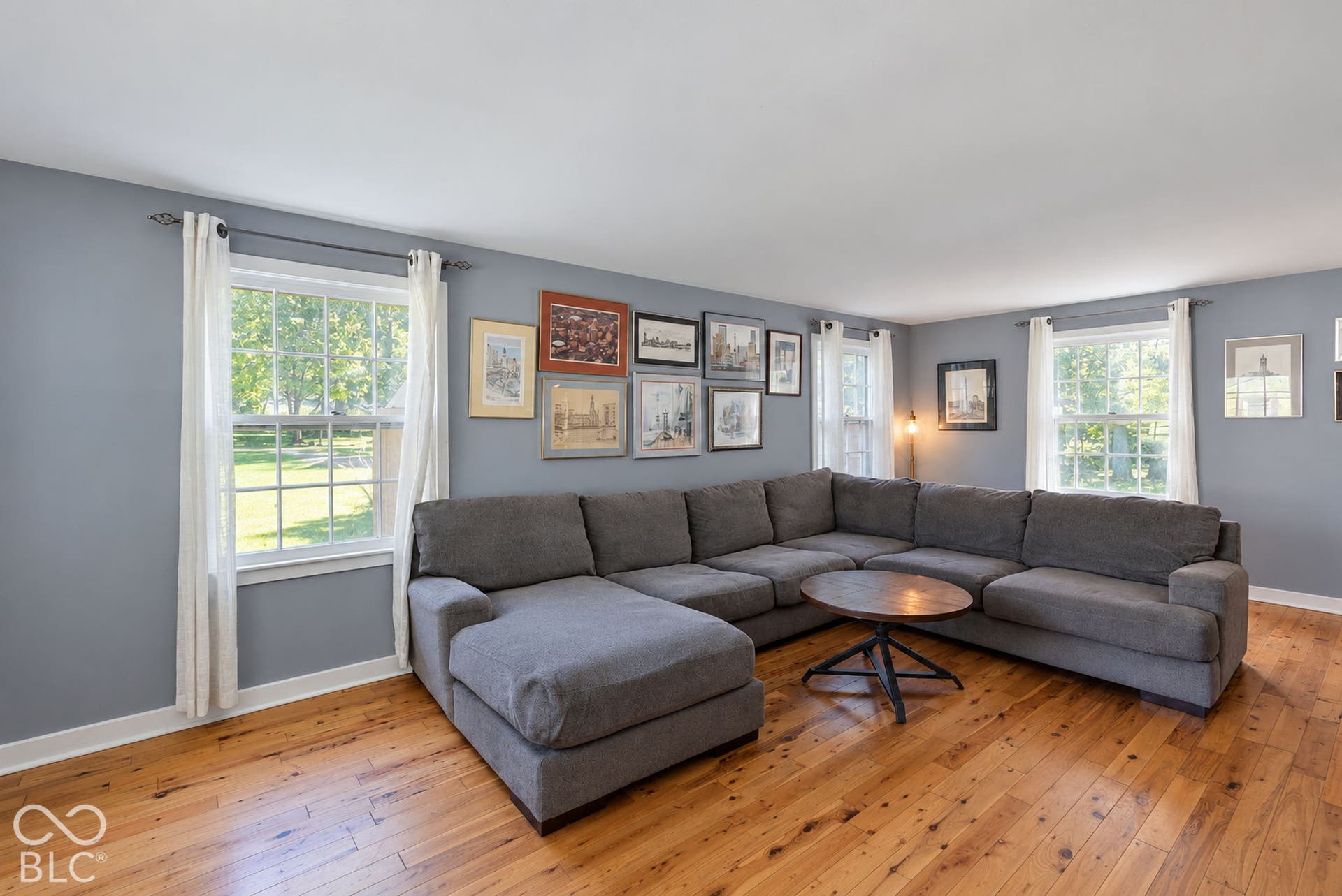Spacious and cozy living room with hardwoods throughout, multiple double-hung windows, and light gray wall paint