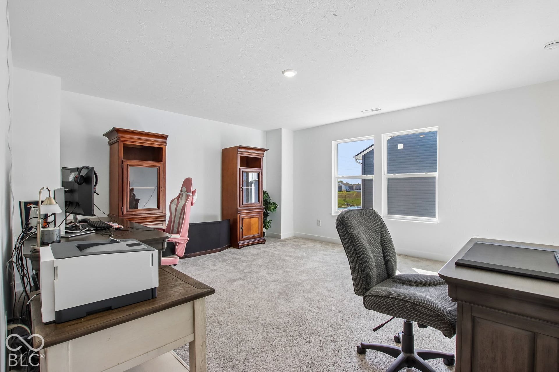 Neutral wall paint, light-colored carpeting, recessed ceiling lighting, and multiple windows