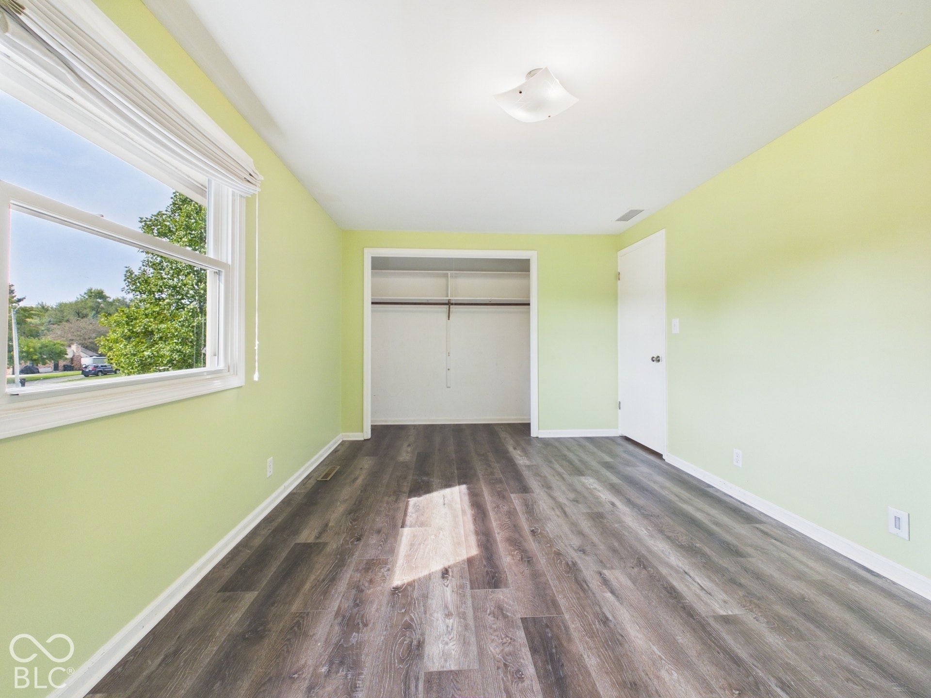 Wood-finish flooring throughout, bright window with blinds, recessed closet with shelving, white trim, and a ceiling-mounted light fixture