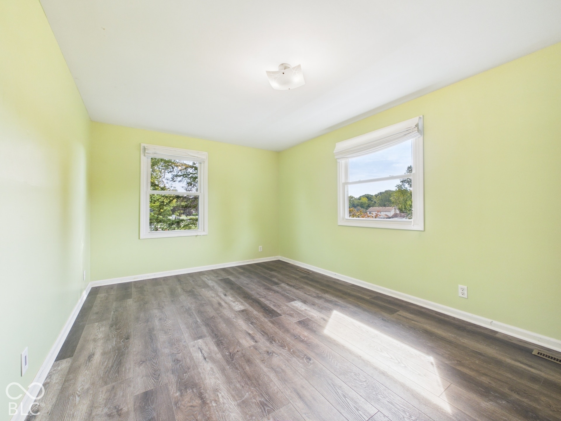 Wood-finish flooring throughout, two windows with white trim, and a ceiling-mounted light fixture