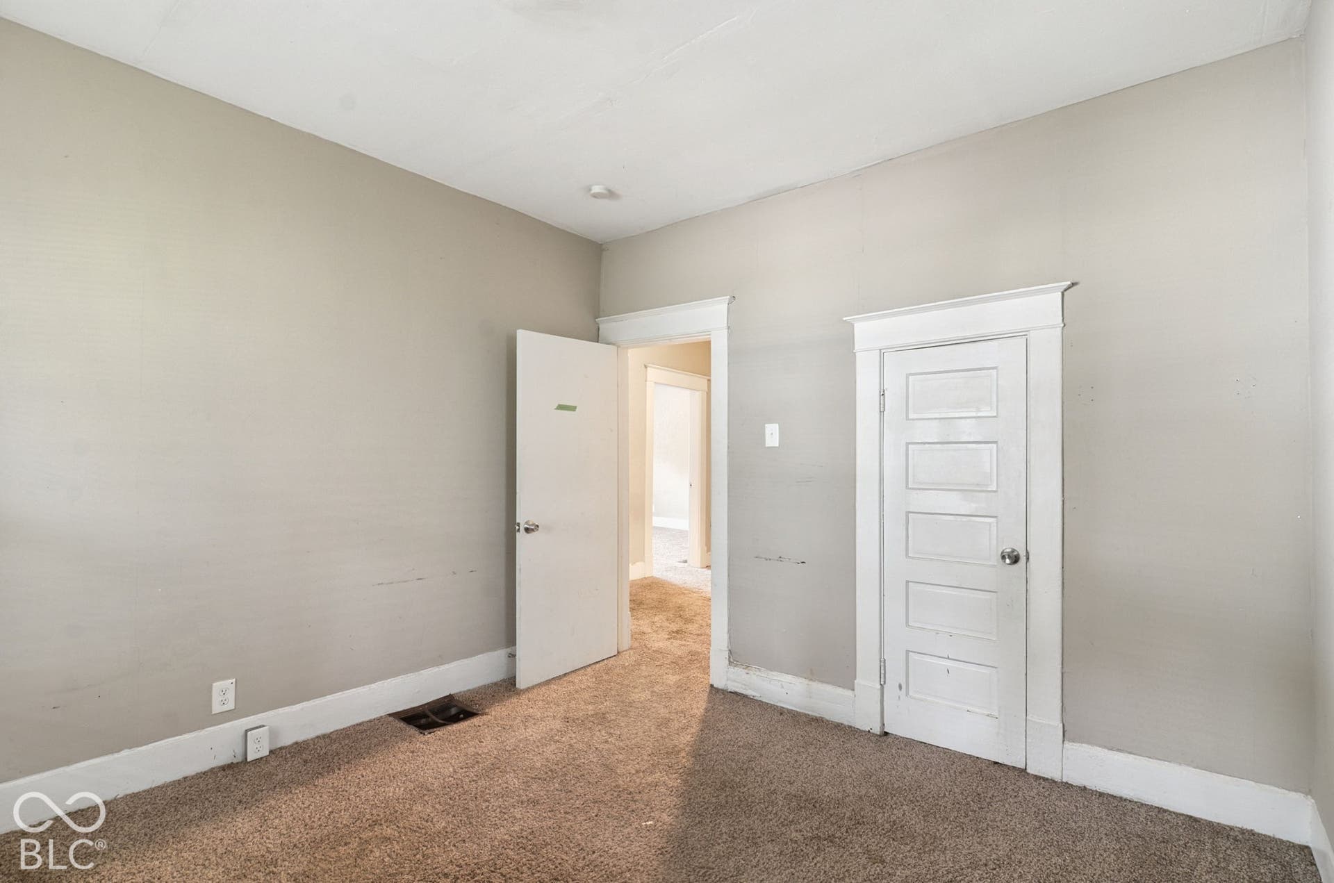 Carpeted flooring, neutral wall color, white trim, and white paneled doors