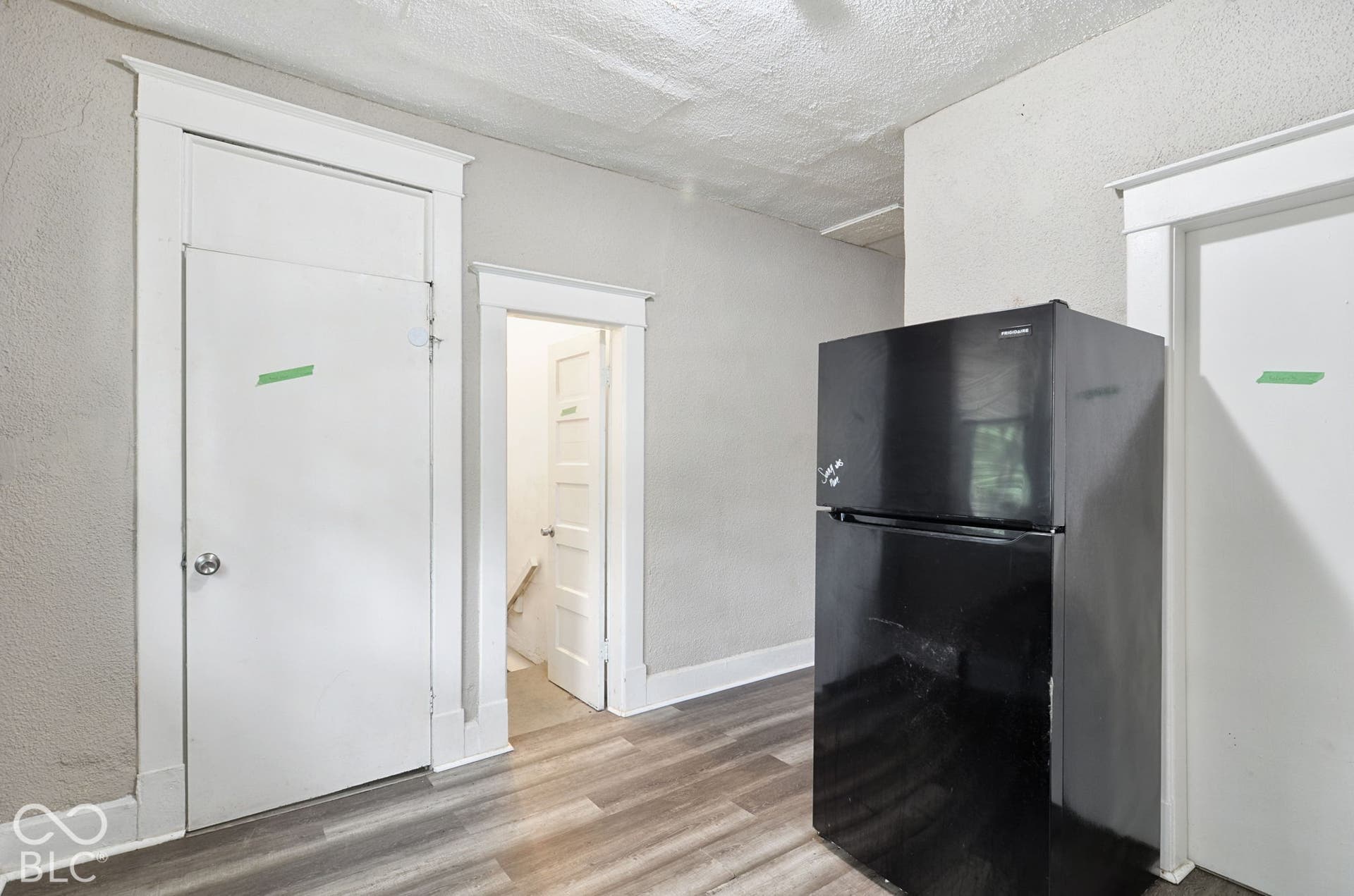Wood-finish flooring with white trim