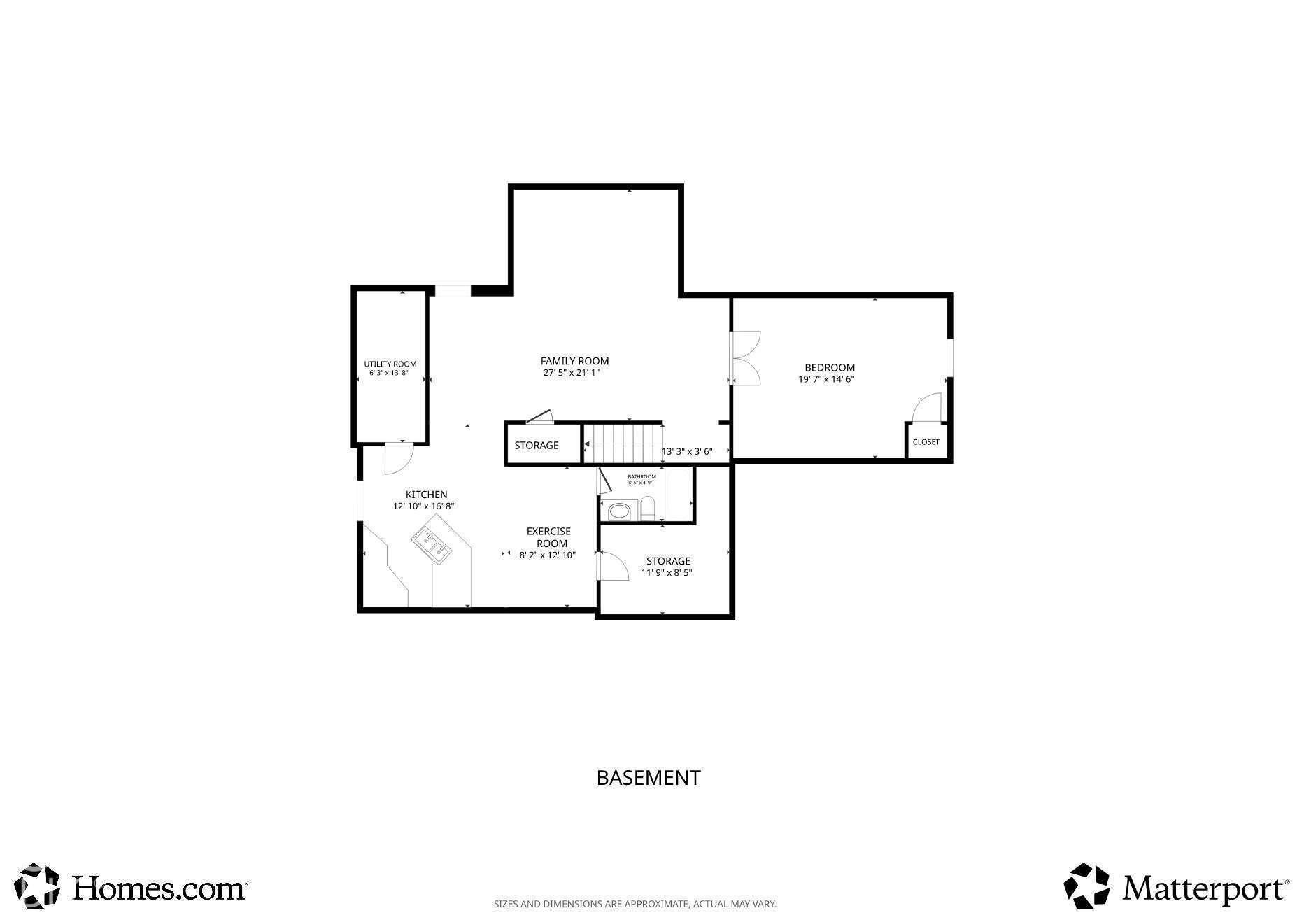 Lower-level floor plan highlights the finished recreation spaces, fifth bedroom and full bath.