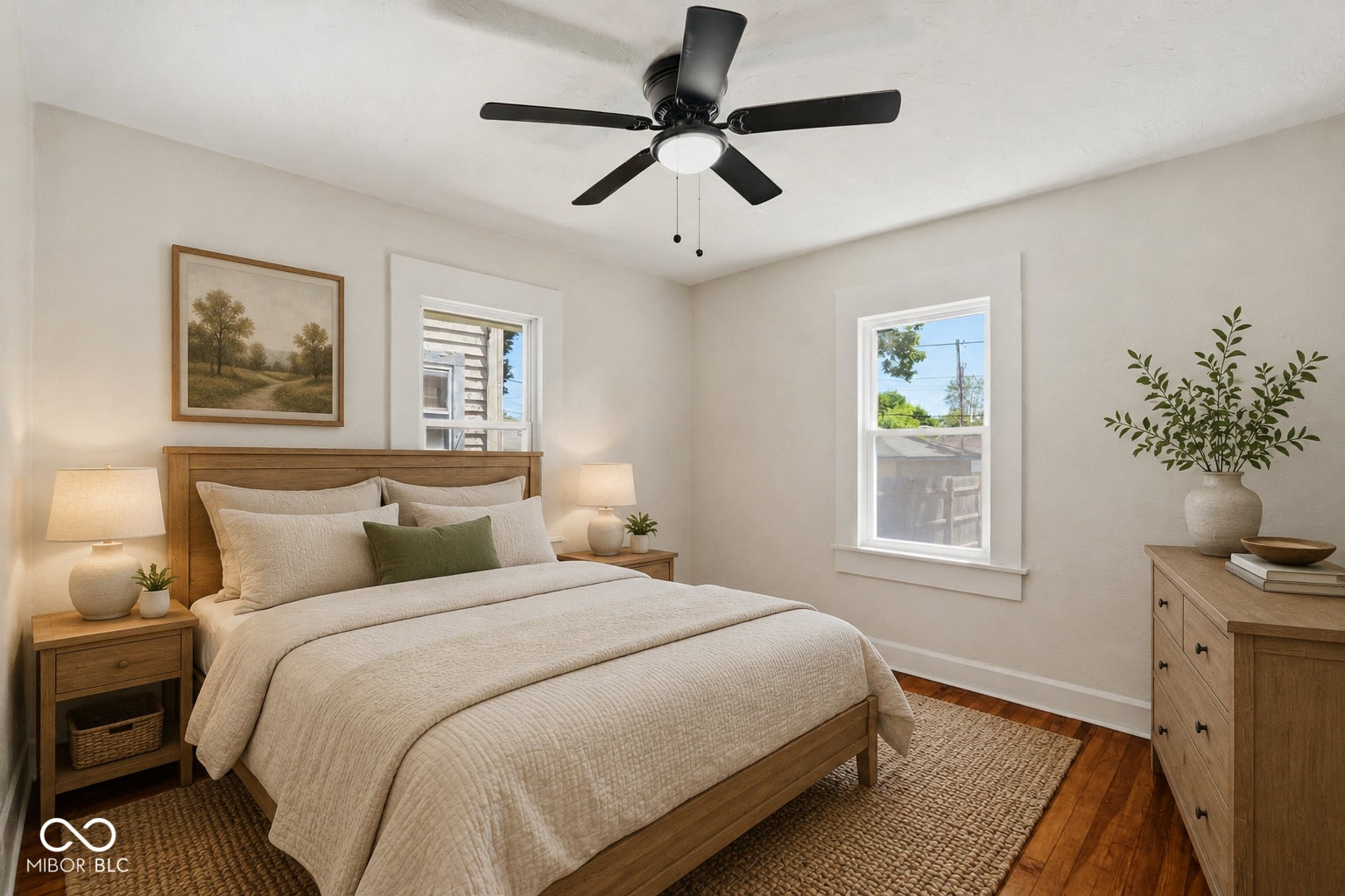 Virtually Altered - Hardwood flooring provides a warm foundation for this bedroom, featuring a ceiling fan with integrated lighting - **VIRTUALLY STAGED**