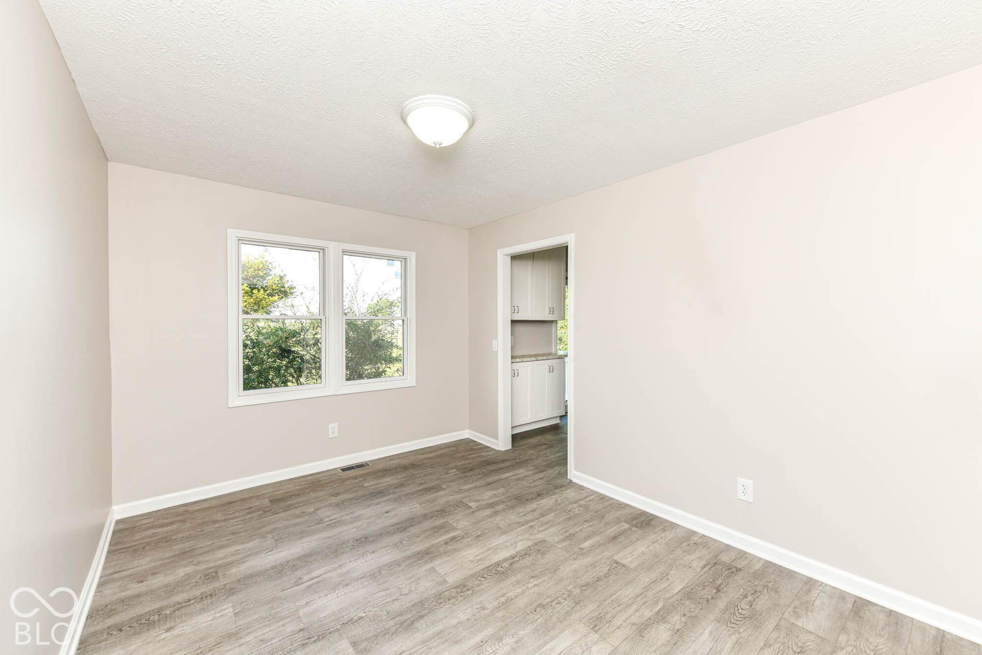 Wood-finish flooring, neutral wall tones, dual pane window, and ceiling-mounted light fixture
