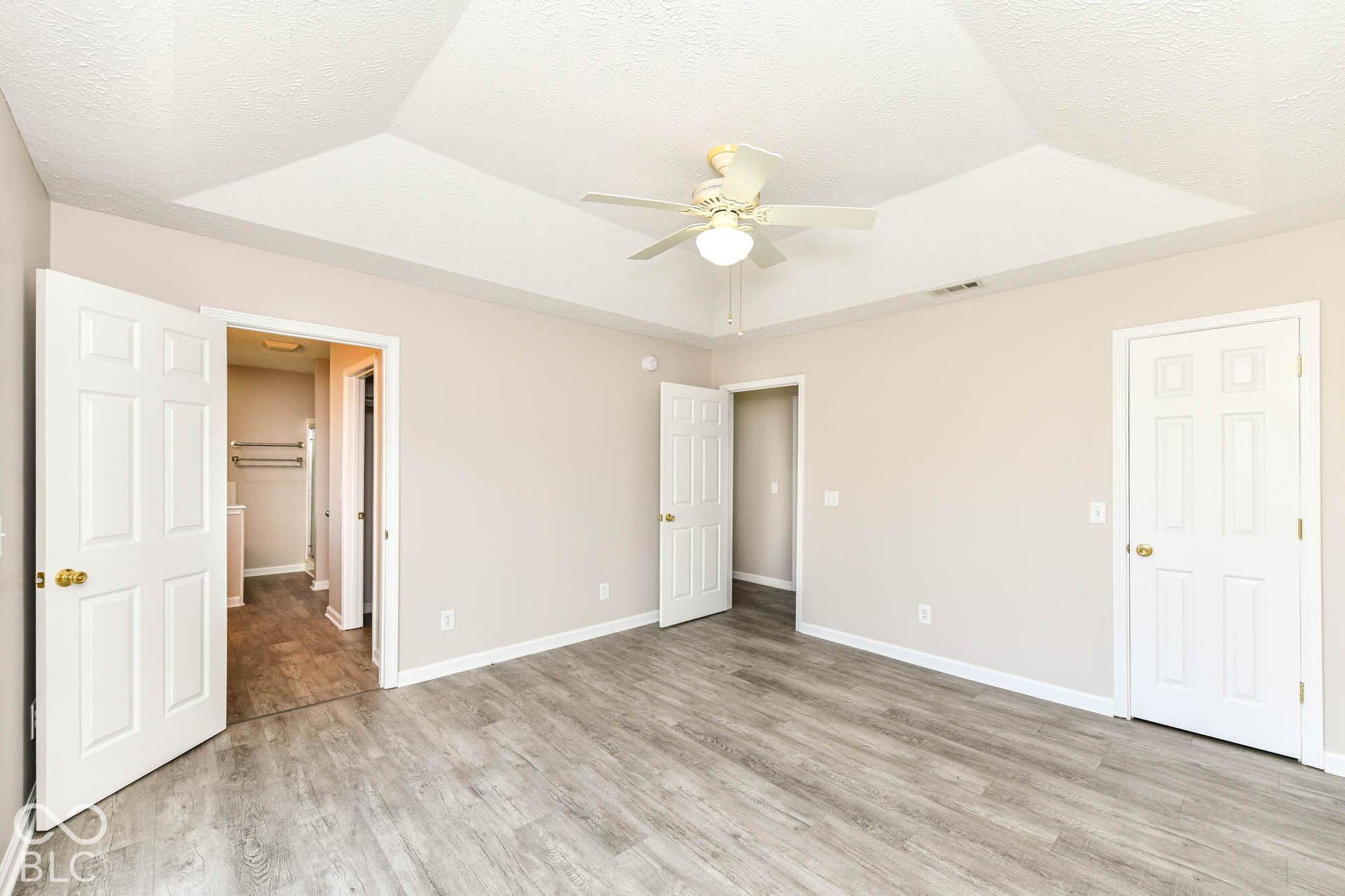 Tray ceiling, ceiling fan, wood-finish flooring, neutral wall paint, white trim